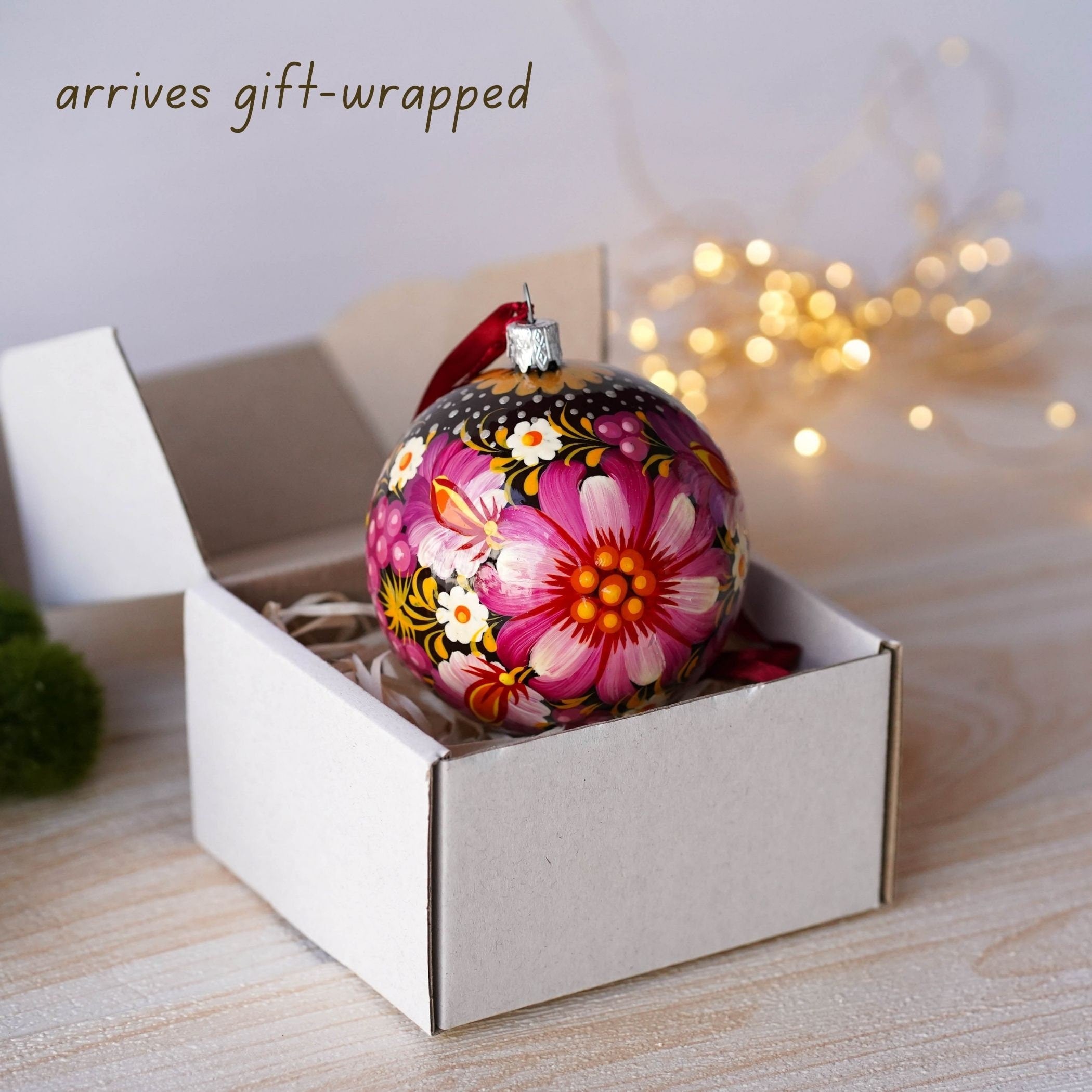 Painted Ukrainian Pink Flower Christmas Ball Ornament 3.14 in - Handmade Petrykivka Art Purple Christmas Tree Decoration