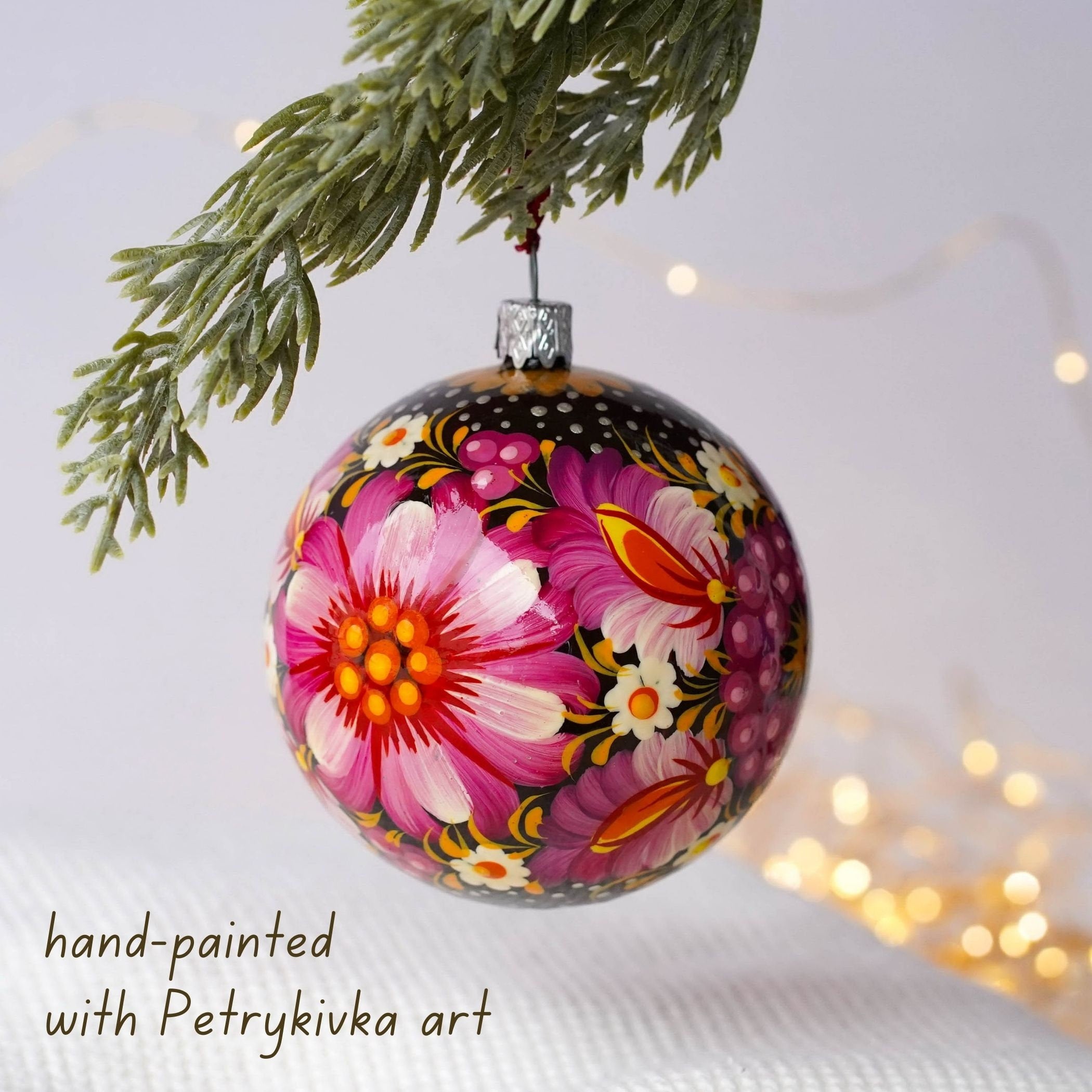 Painted Ukrainian Pink Flower Christmas Ball Ornament 3.14 in - Handmade Petrykivka Art Purple Christmas Tree Decoration