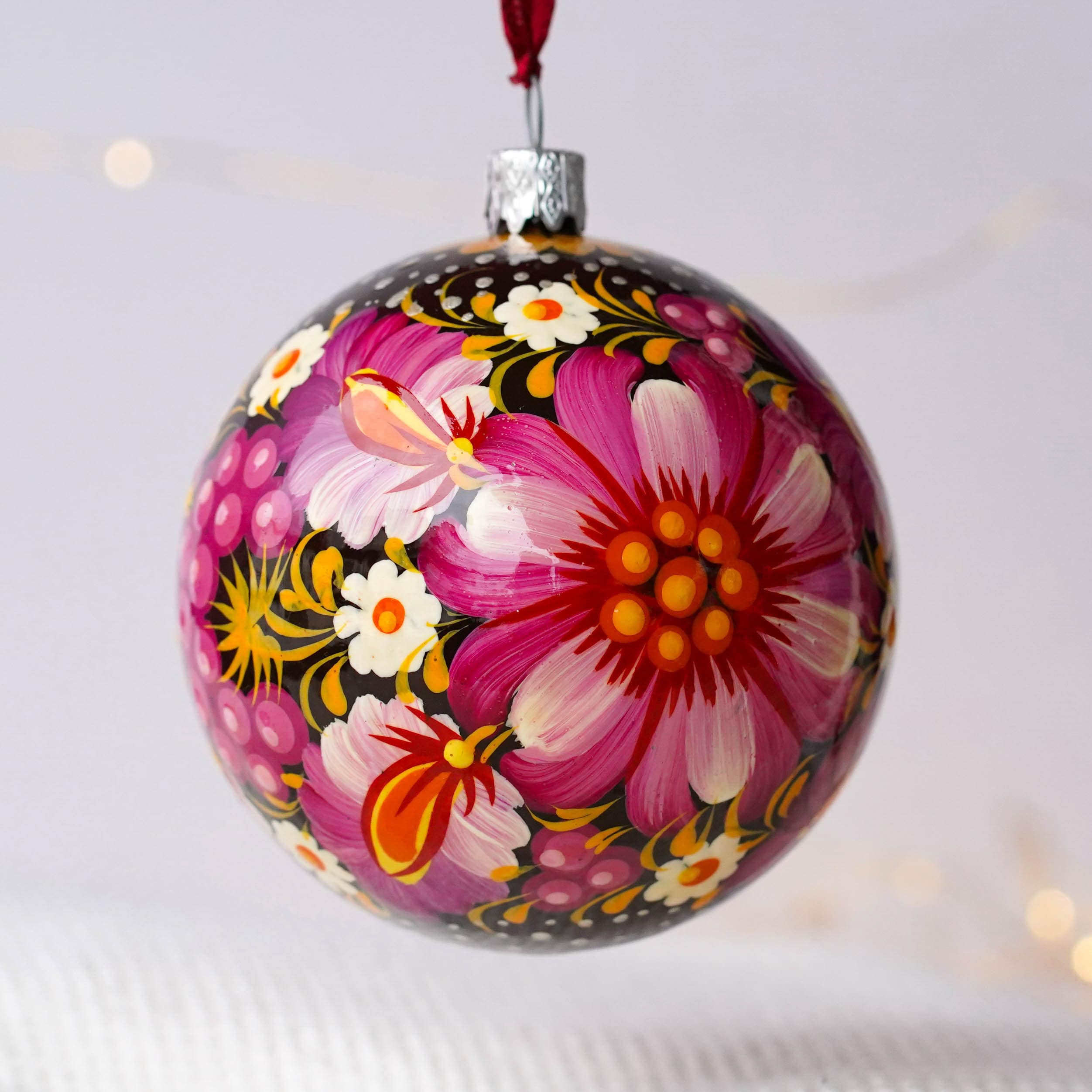 Painted Ukrainian Pink Flower Christmas Ball Ornament 3.14 in - Handmade Petrykivka Art Purple Christmas Tree Decoration