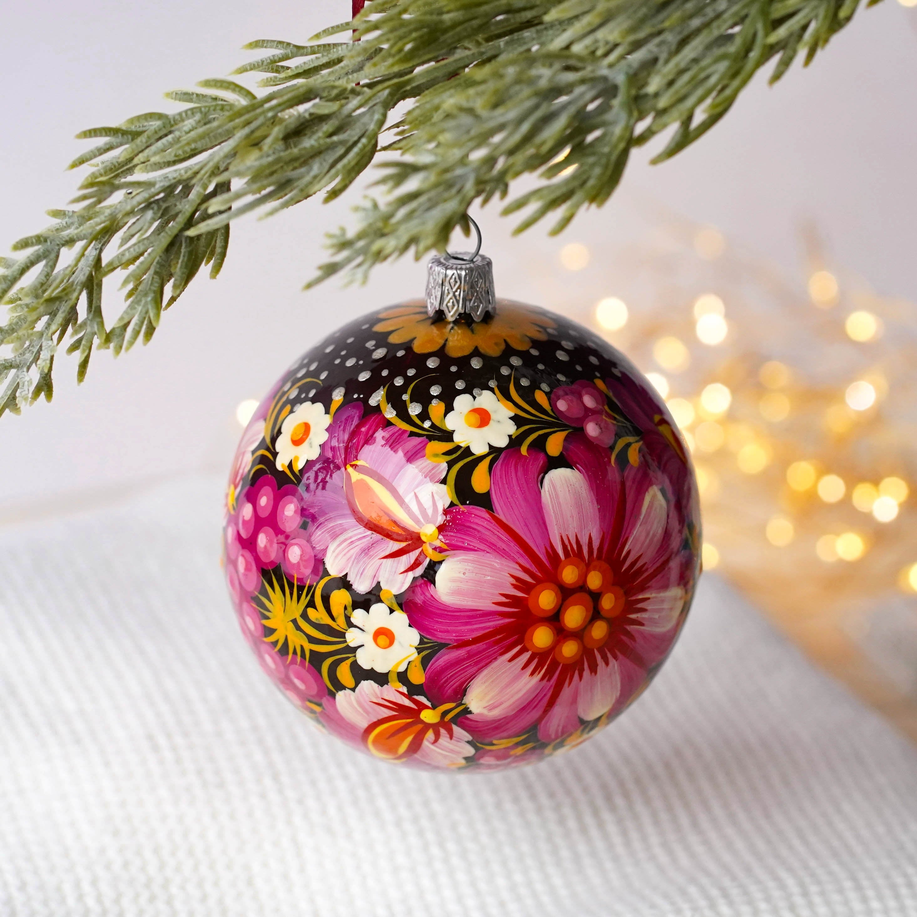 Painted Ukrainian Pink Flower Christmas Ball Ornament 3.14 in - Handmade Petrykivka Art Purple Christmas Tree Decoration