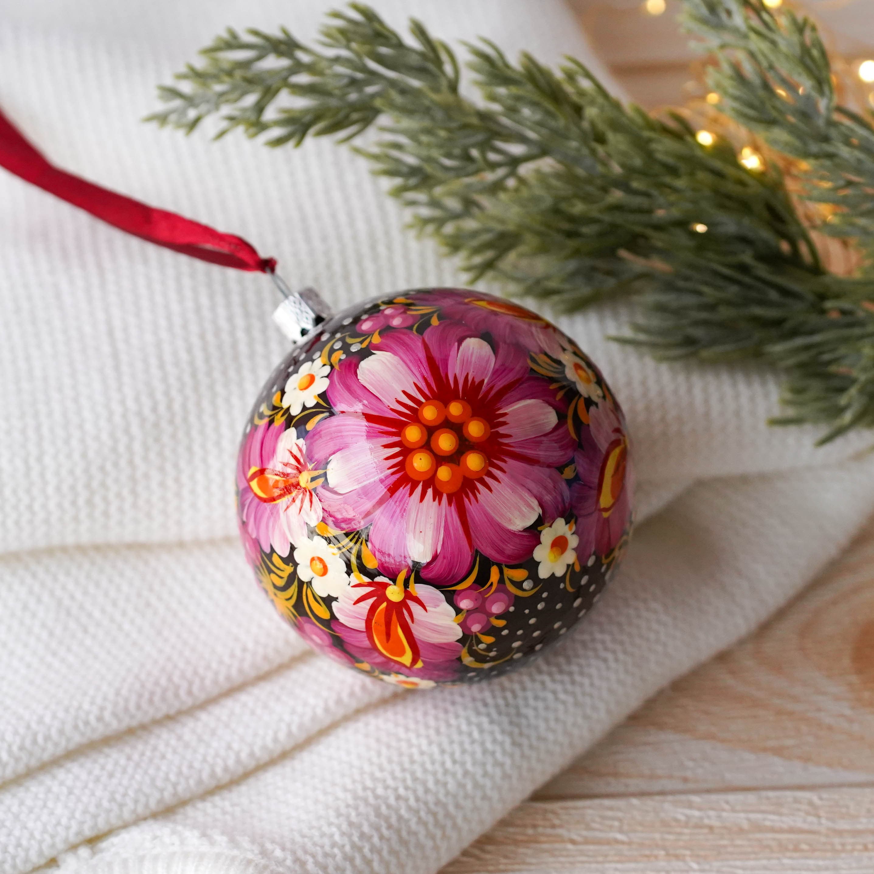 Painted Ukrainian Pink Flower Christmas Ball Ornament 3.14 in - Handmade Petrykivka Art Purple Christmas Tree Decoration