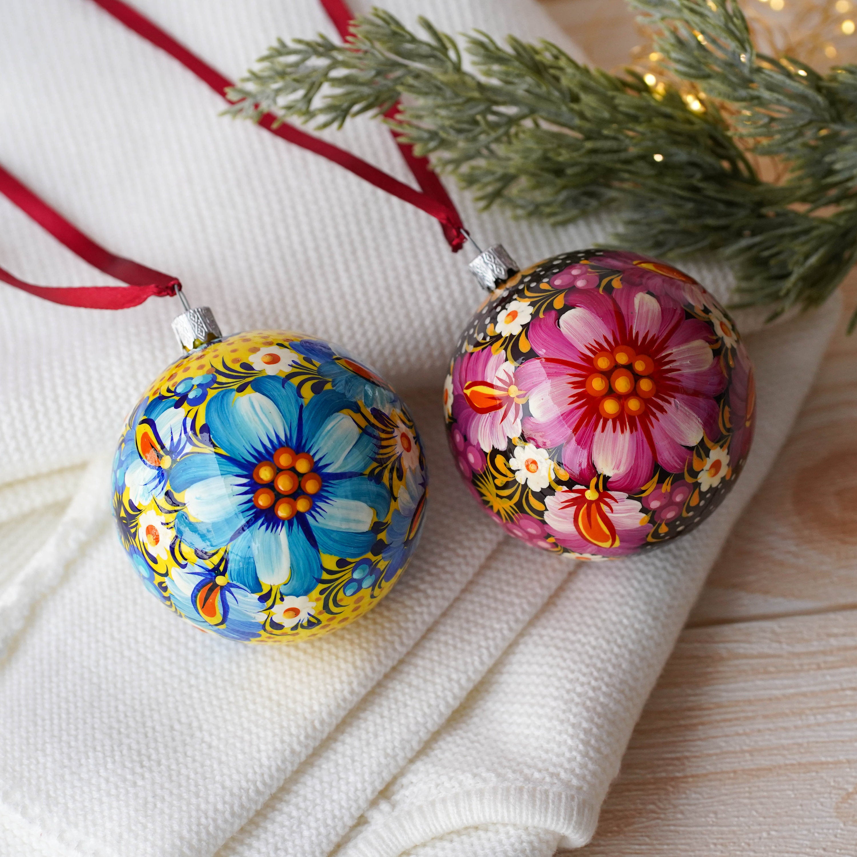 Painted Ukrainian Pink Flower Christmas Ball Ornament 3.14 in - Handmade Petrykivka Art Purple Christmas Tree Decoration