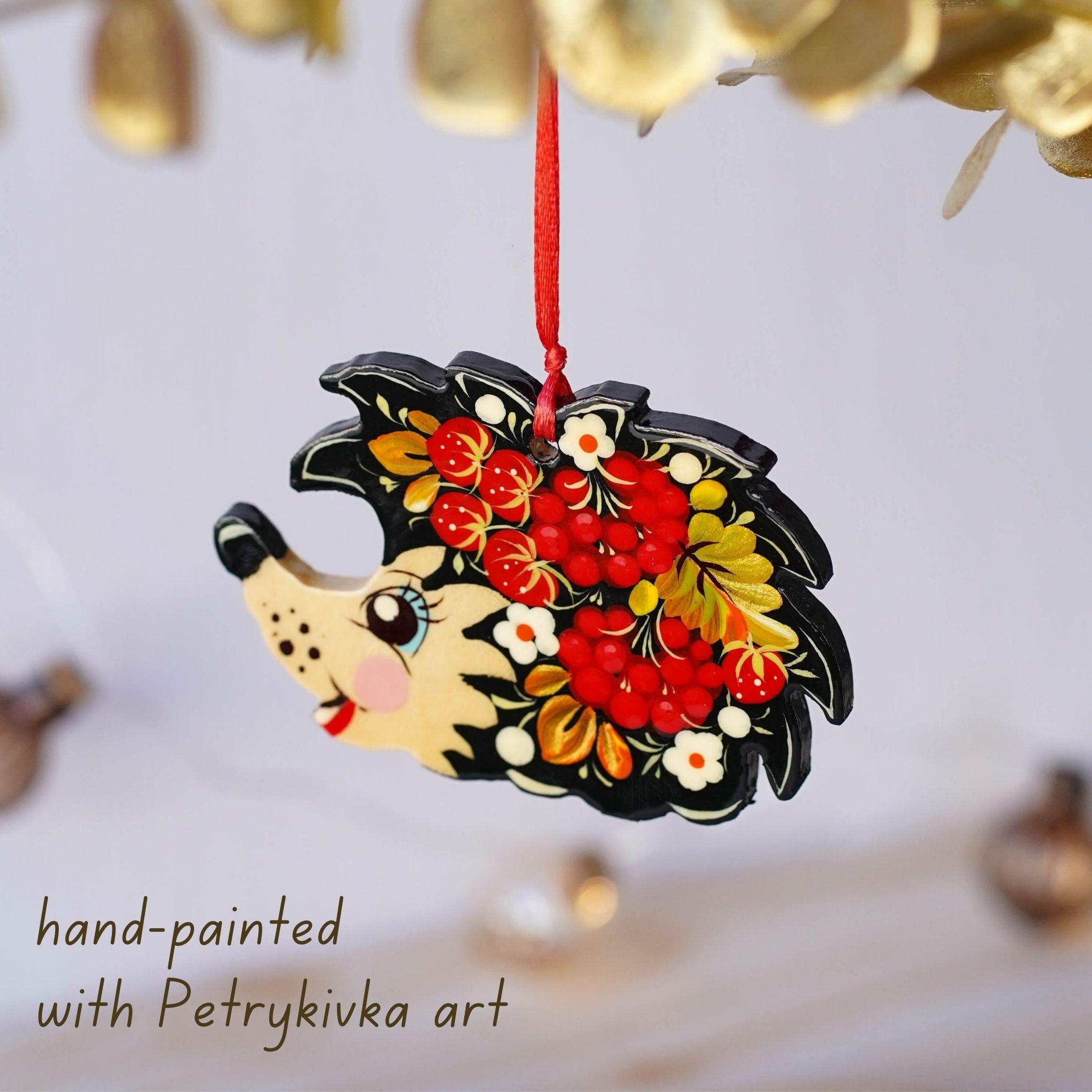 Painted Wooden Hedgehog Ornament - Handmade Ukrainian Petrykivka Art Christmas Tree Decoration