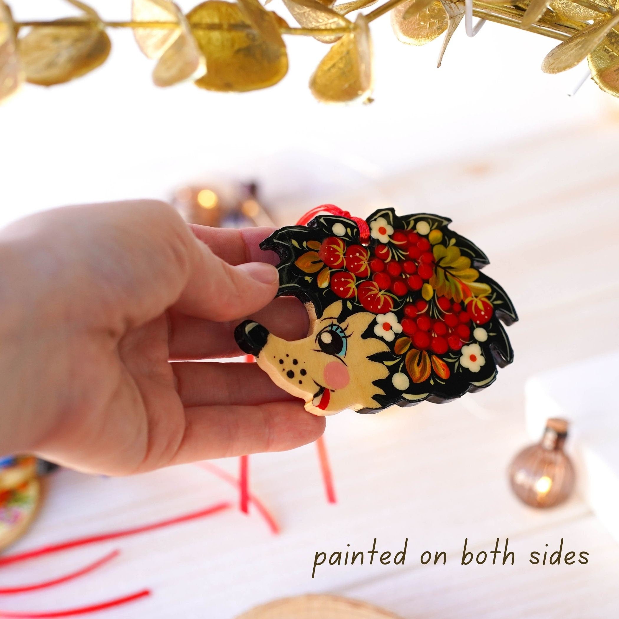 Painted Wooden Hedgehog Ornament - Handmade Ukrainian Petrykivka Art Christmas Tree Decoration