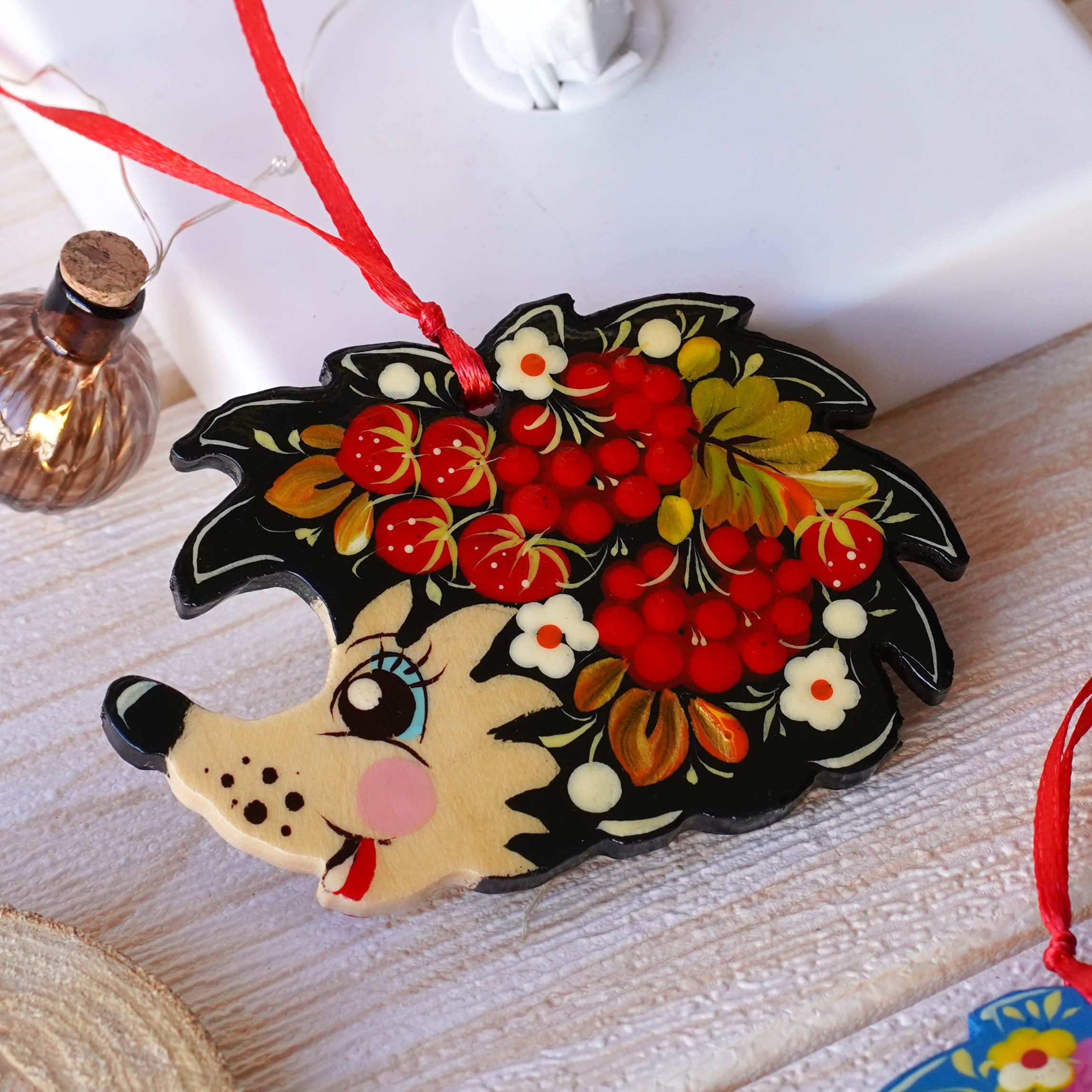 Painted Wooden Hedgehog Ornament - Handmade Ukrainian Petrykivka Art Christmas Tree Decoration