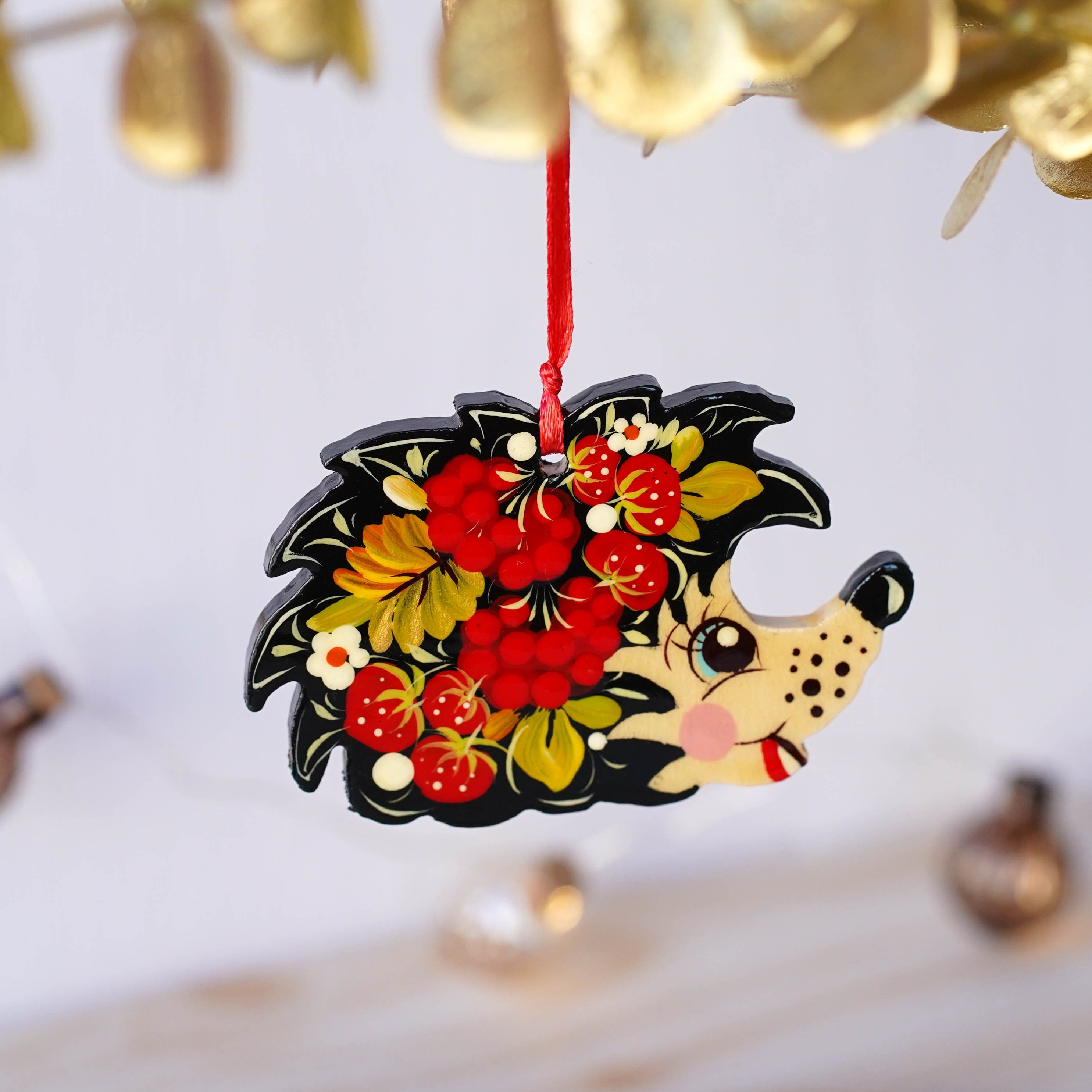 Painted Wooden Hedgehog Ornament - Handmade Ukrainian Petrykivka Art Christmas Tree Decoration