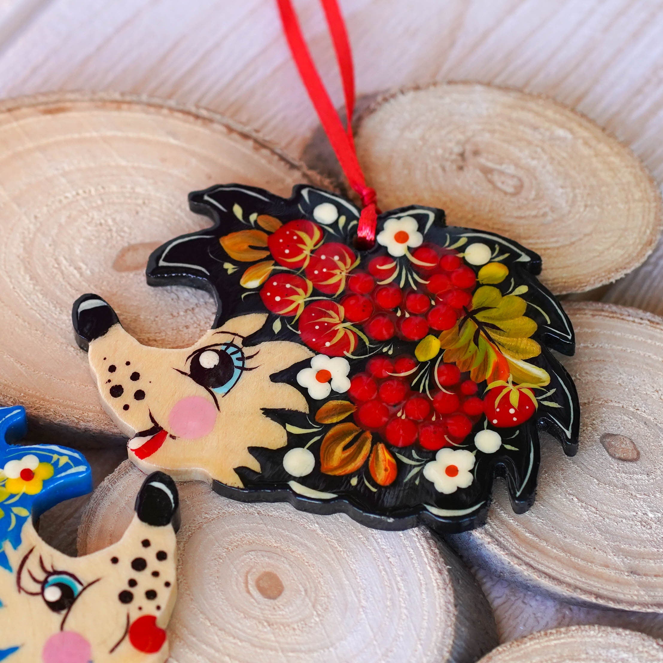 Painted Wooden Hedgehog Ornament - Handmade Ukrainian Petrykivka Art Christmas Tree Decoration