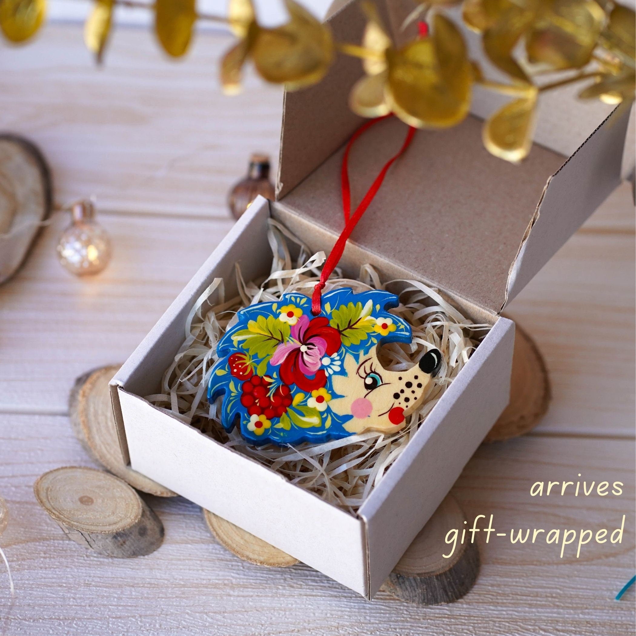 Painted Wooden Hedgehog Ornament - Handmade Ukrainian Petrykivka Art Christmas Tree Decoration with Blue & Red Flowers