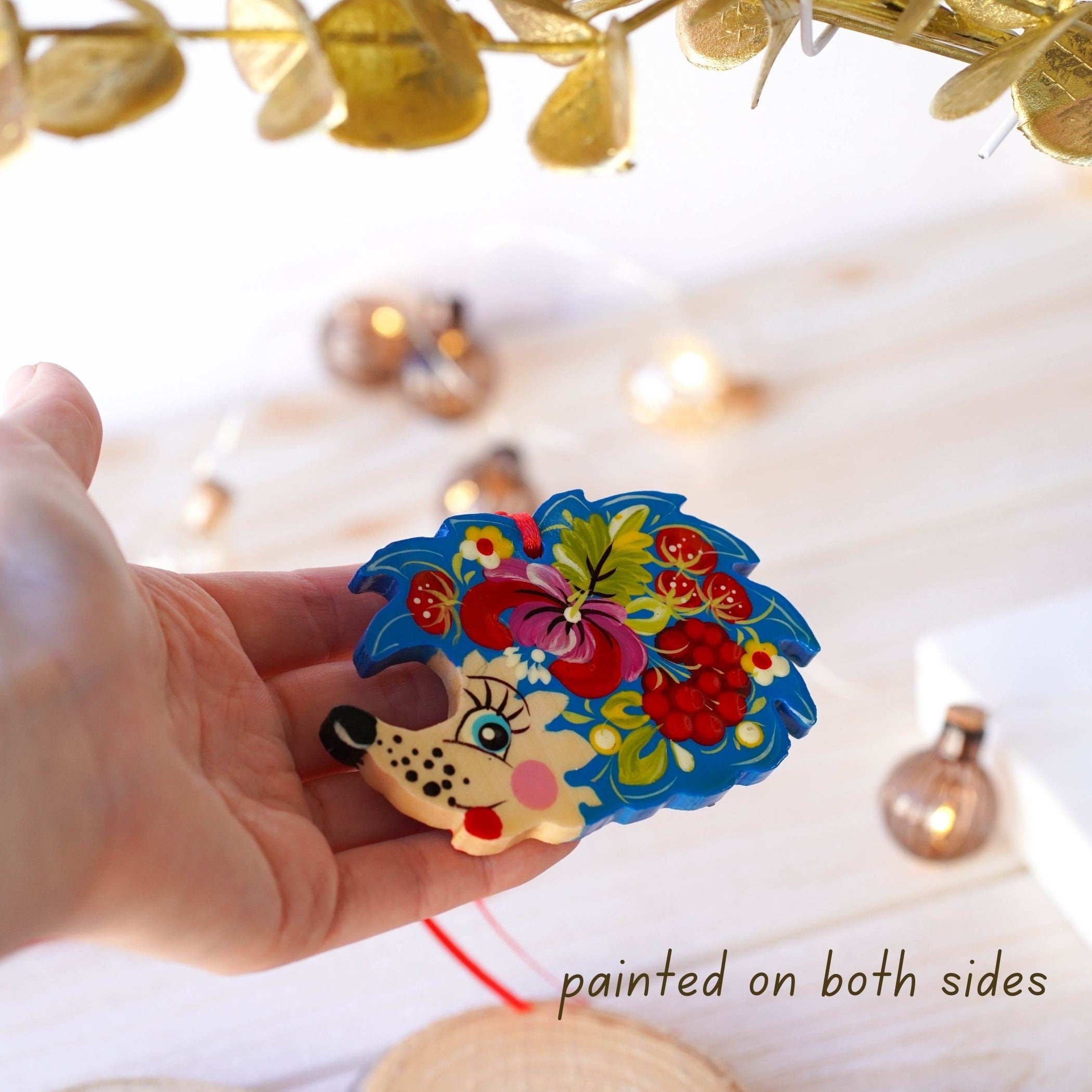 Painted Wooden Hedgehog Ornament - Handmade Ukrainian Petrykivka Art Christmas Tree Decoration with Blue & Red Flowers