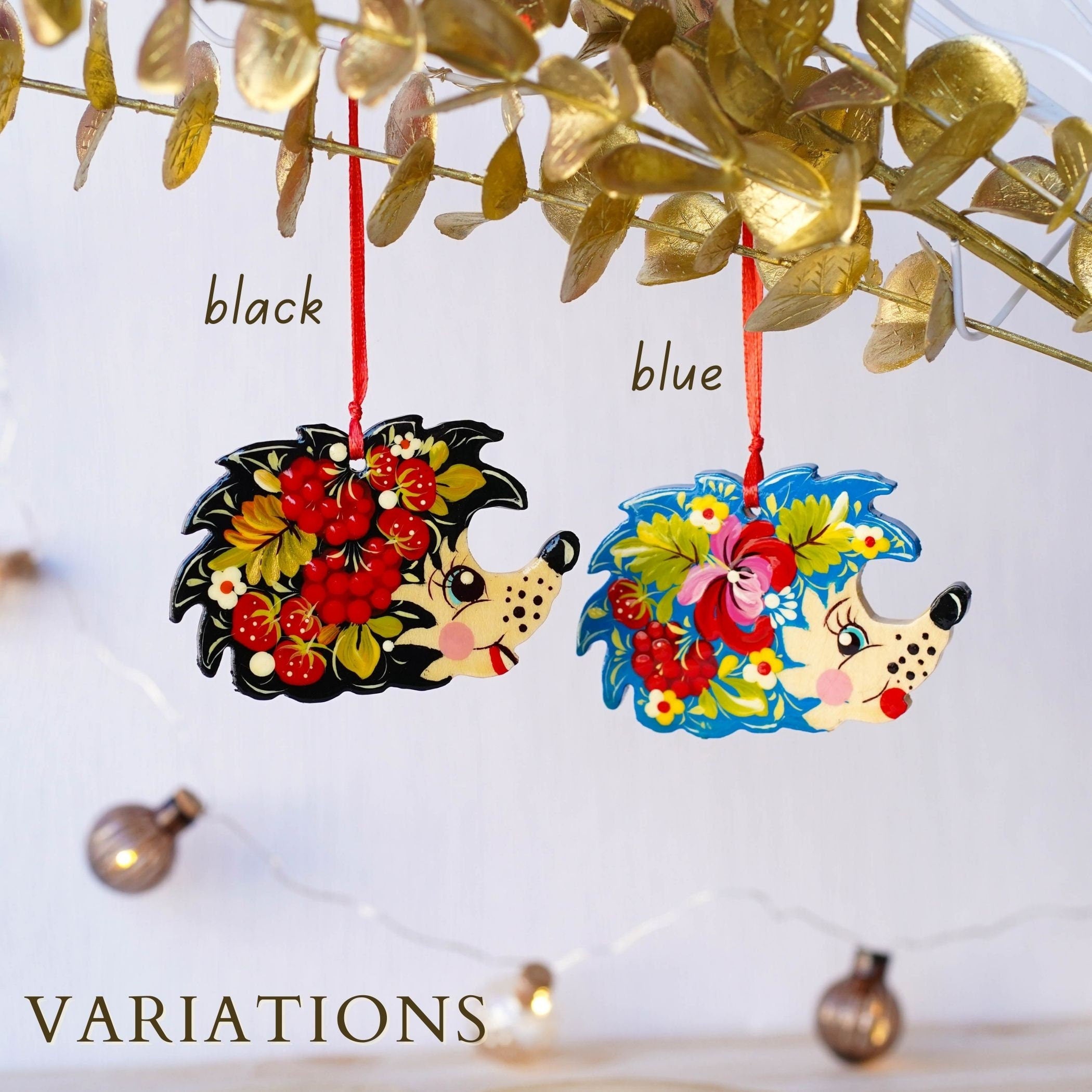 Painted Wooden Hedgehog Ornament - Handmade Ukrainian Petrykivka Art Christmas Tree Decoration with Blue & Red Flowers