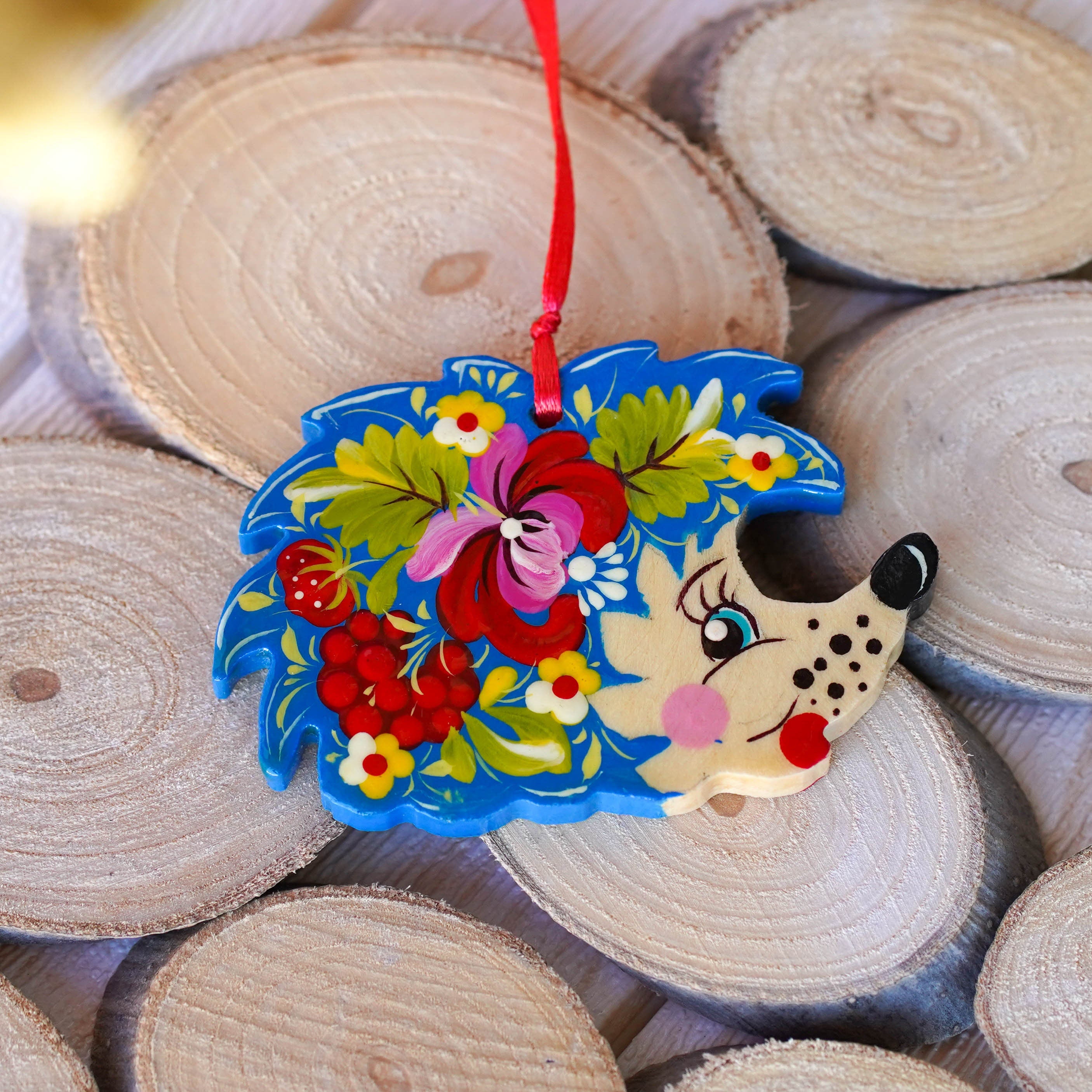 Painted Wooden Hedgehog Ornament - Handmade Ukrainian Petrykivka Art Christmas Tree Decoration with Blue & Red Flowers