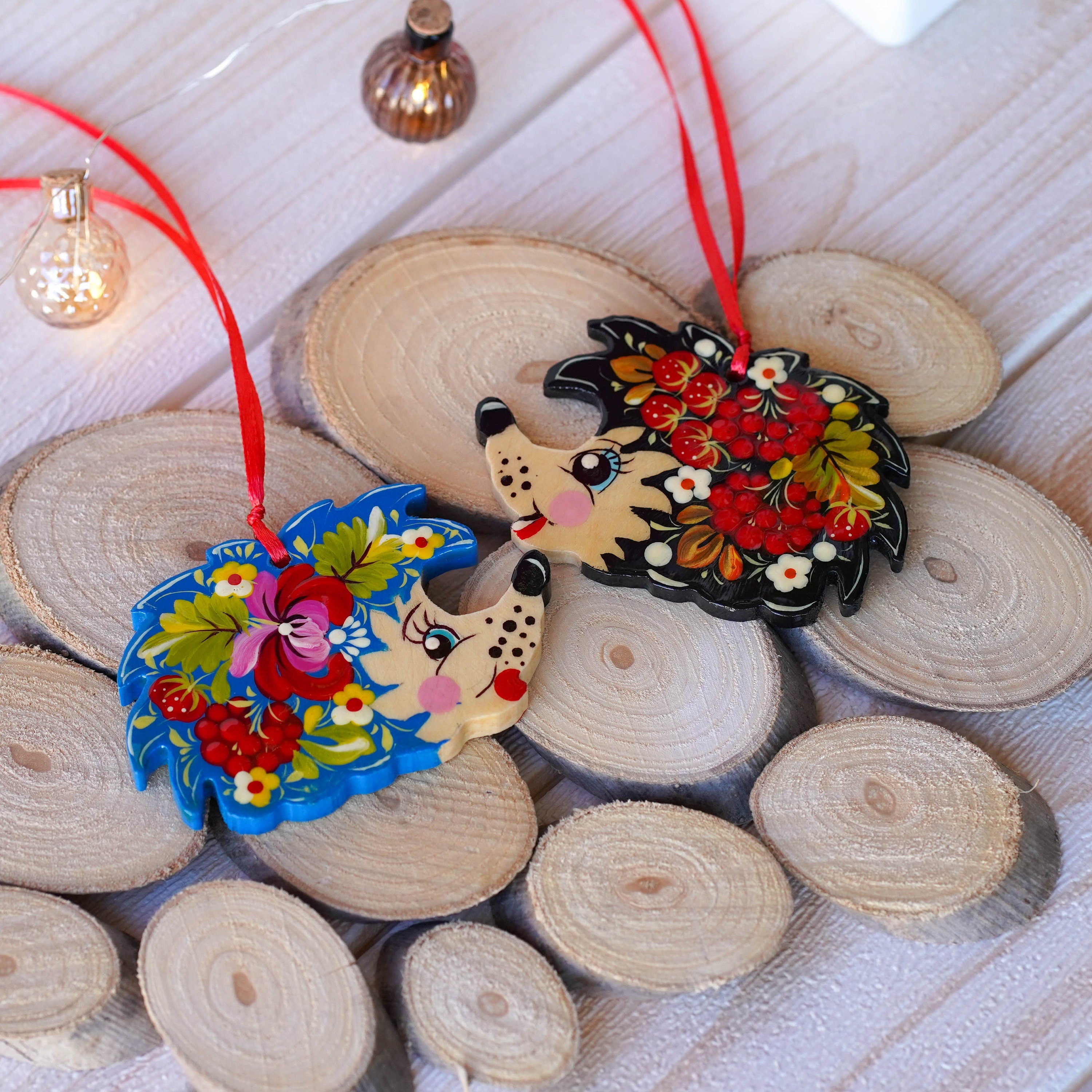 Painted Wooden Hedgehog Ornament - Handmade Ukrainian Petrykivka Art Christmas Tree Decoration with Blue & Red Flowers