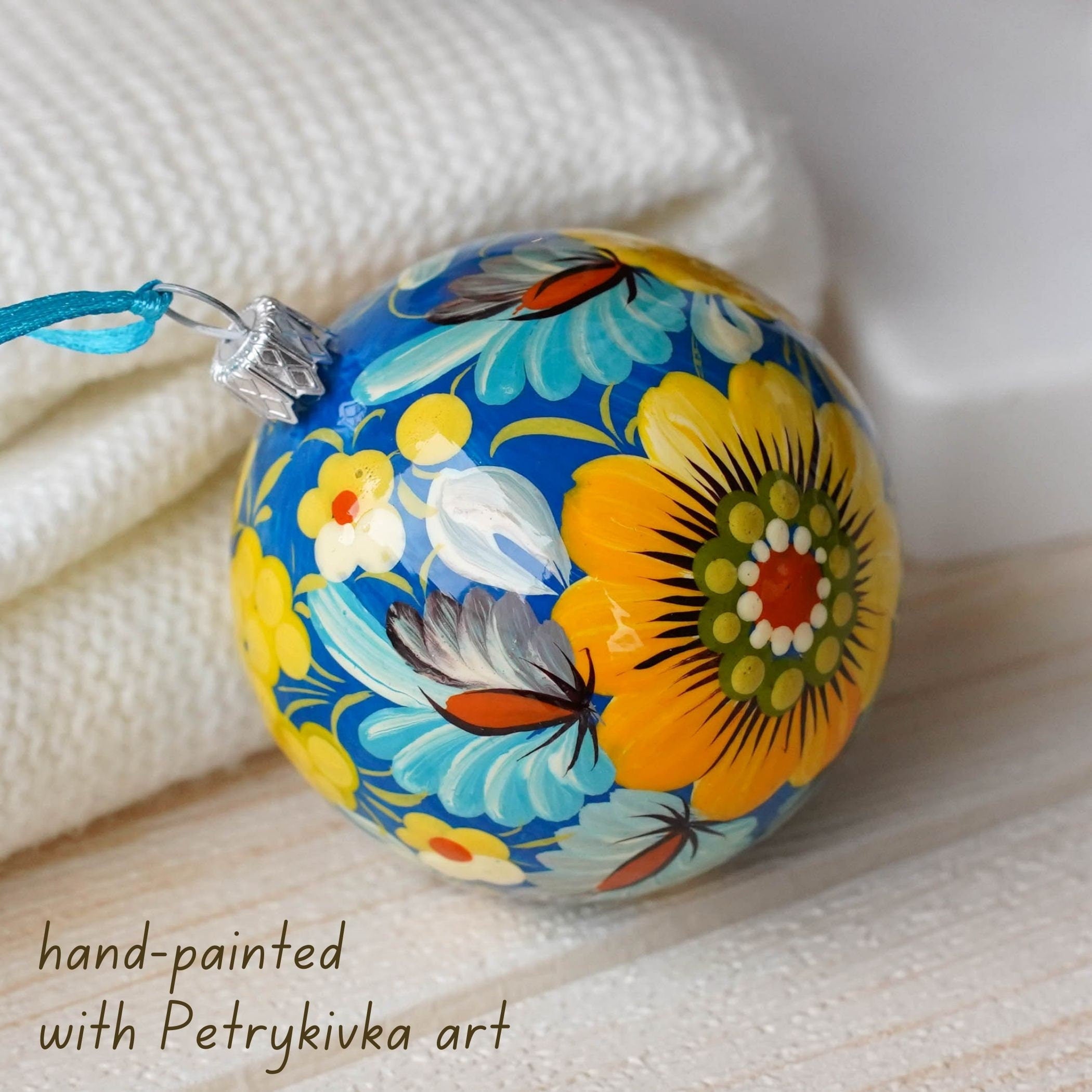 Set of 4/6/9 Painted Christmas Ornaments - Handmade Ukrainian Christmas Balls 2.4 in with Petrykivka art, Blue & Yellow Flower Baubles