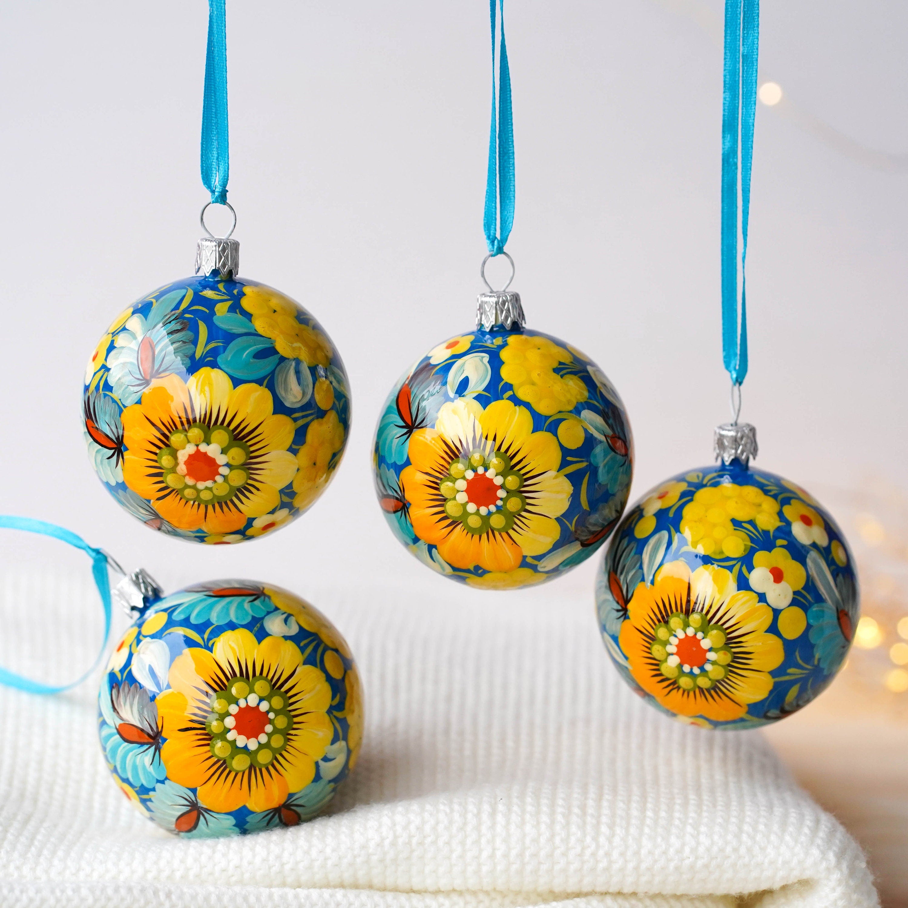 Set of 4/6/9 Painted Christmas Ornaments - Handmade Ukrainian Christmas Balls 2.4 in with Petrykivka art, Blue & Yellow Flower Baubles