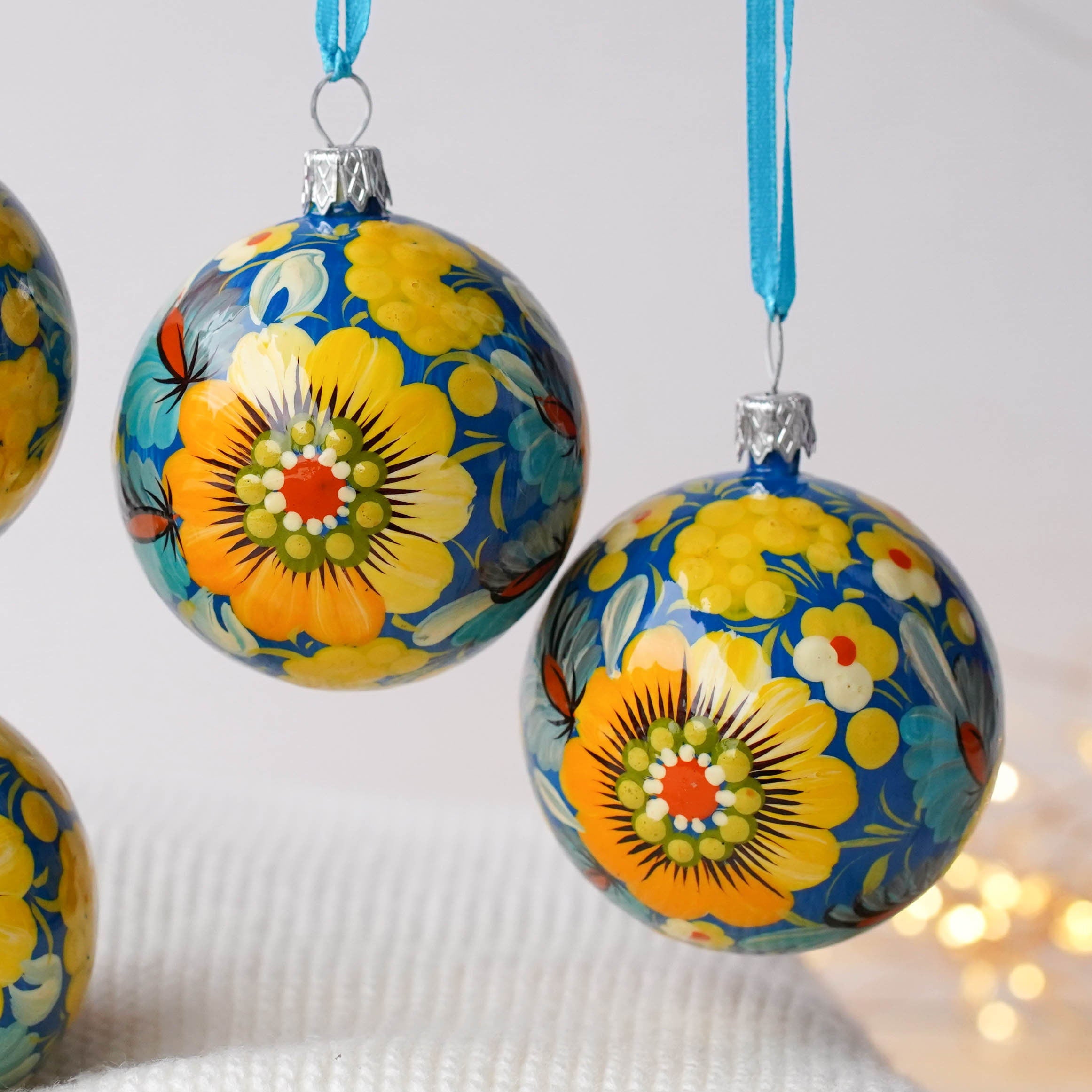 Set of 4/6/9 Painted Christmas Ornaments - Handmade Ukrainian Christmas Balls 2.4 in with Petrykivka art, Blue & Yellow Flower Baubles