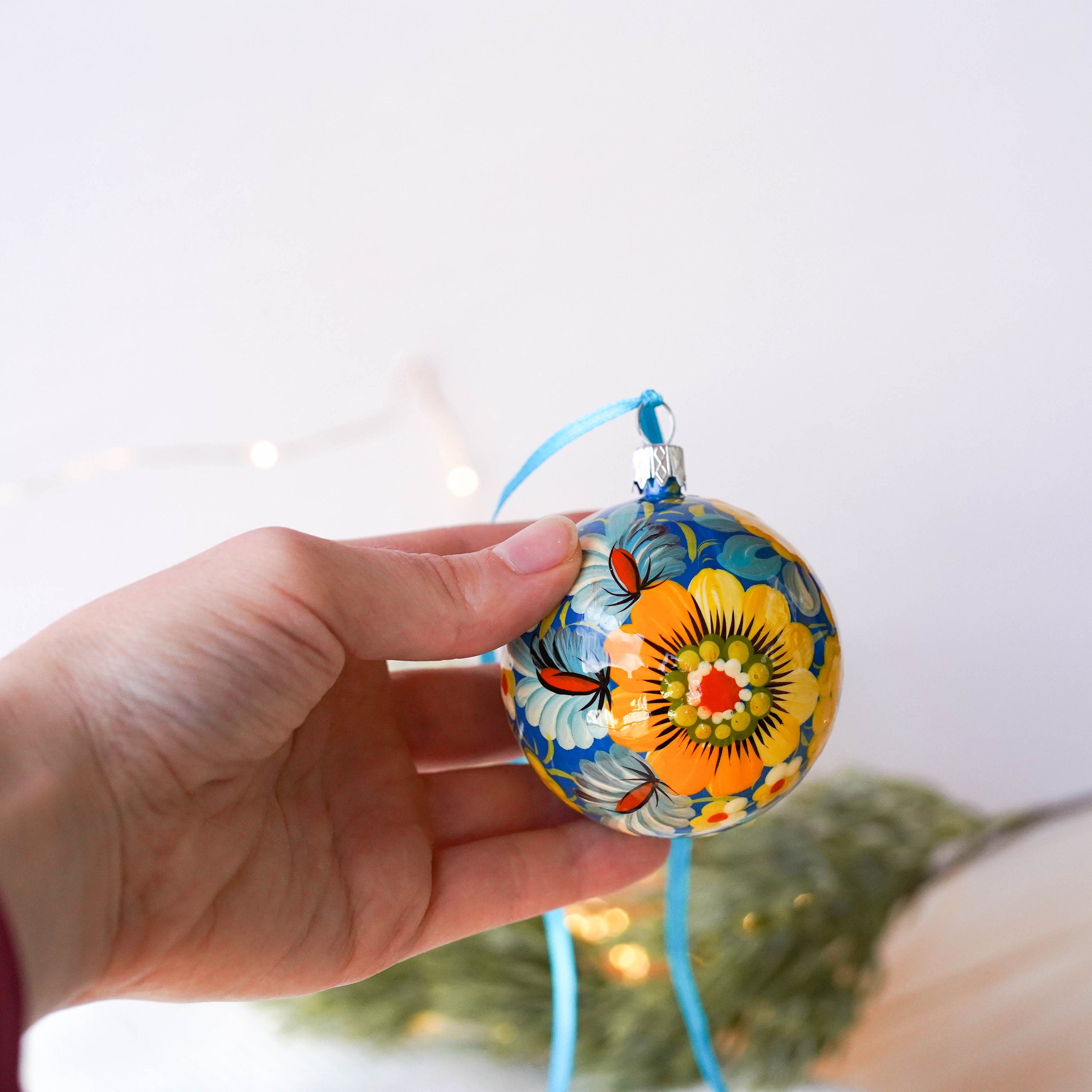 Set of 4/6/9 Painted Christmas Ornaments - Handmade Ukrainian Christmas Balls 2.4 in with Petrykivka art, Blue & Yellow Flower Baubles