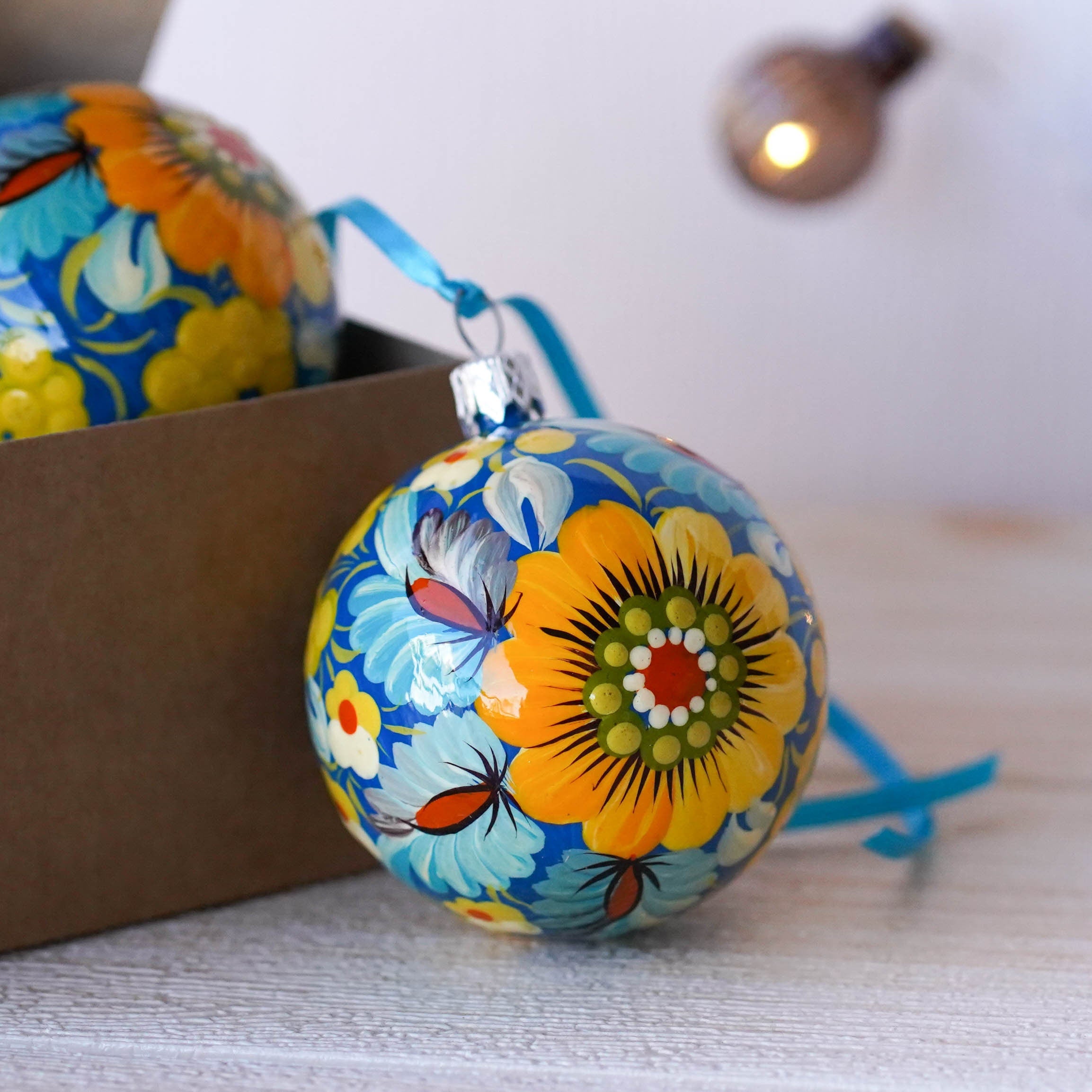 Set of 4/6/9 Painted Christmas Ornaments - Handmade Ukrainian Christmas Balls 2.4 in with Petrykivka art, Blue & Yellow Flower Baubles