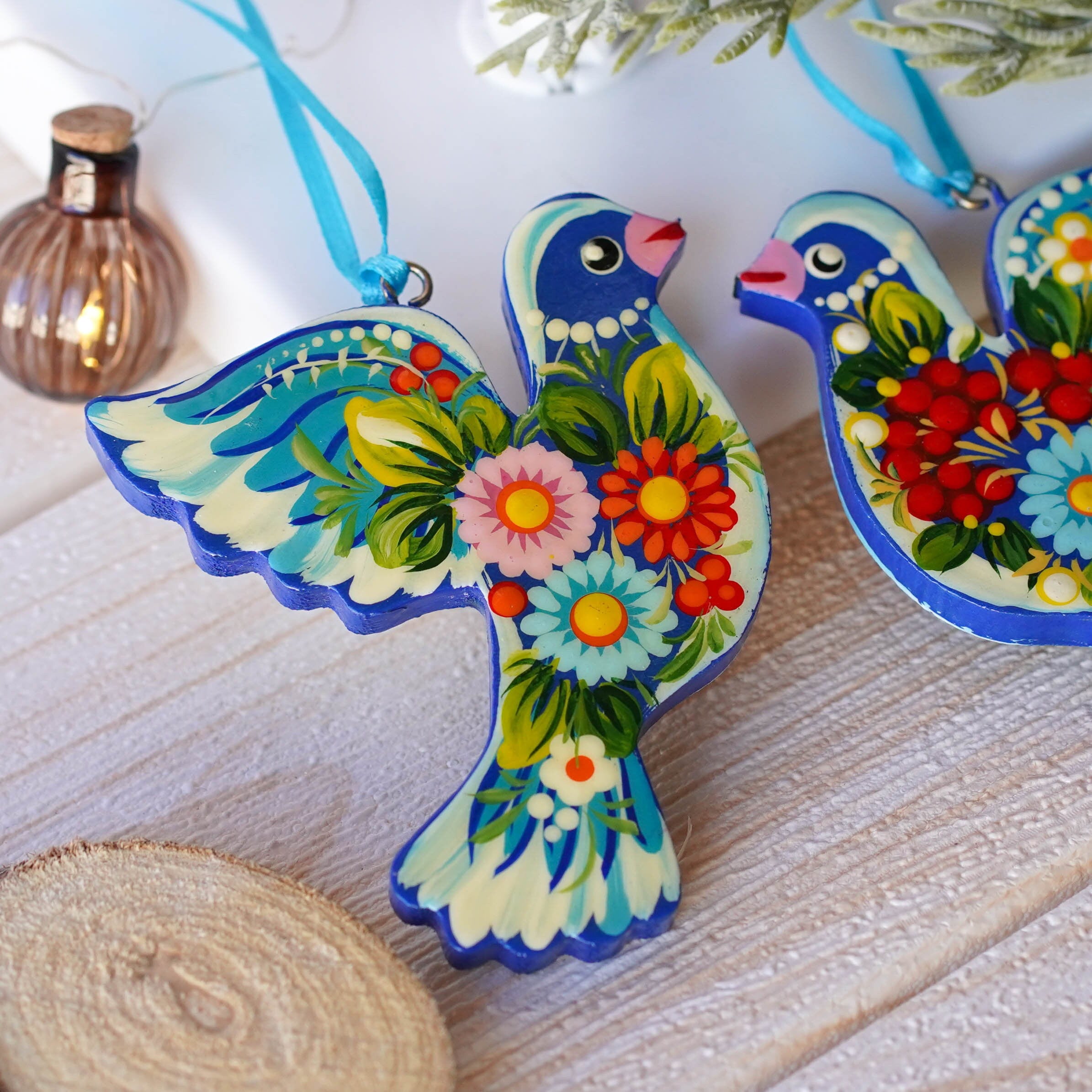 Set of 2 Painted Wooden Dove Christmas Ornaments - Handmade Ukrainian Petrykivka Ornaments, Unique Flower Peace Dove Ornament Set