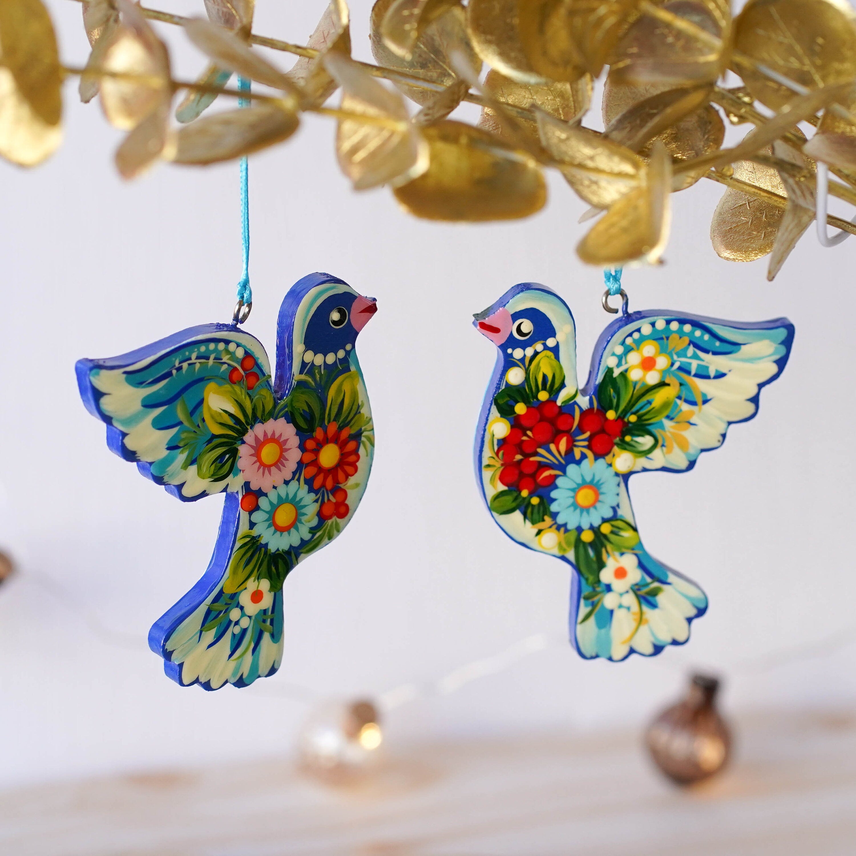 Set of 2 Painted Wooden Dove Christmas Ornaments - Handmade Ukrainian Petrykivka Ornaments, Unique Flower Peace Dove Ornament Set