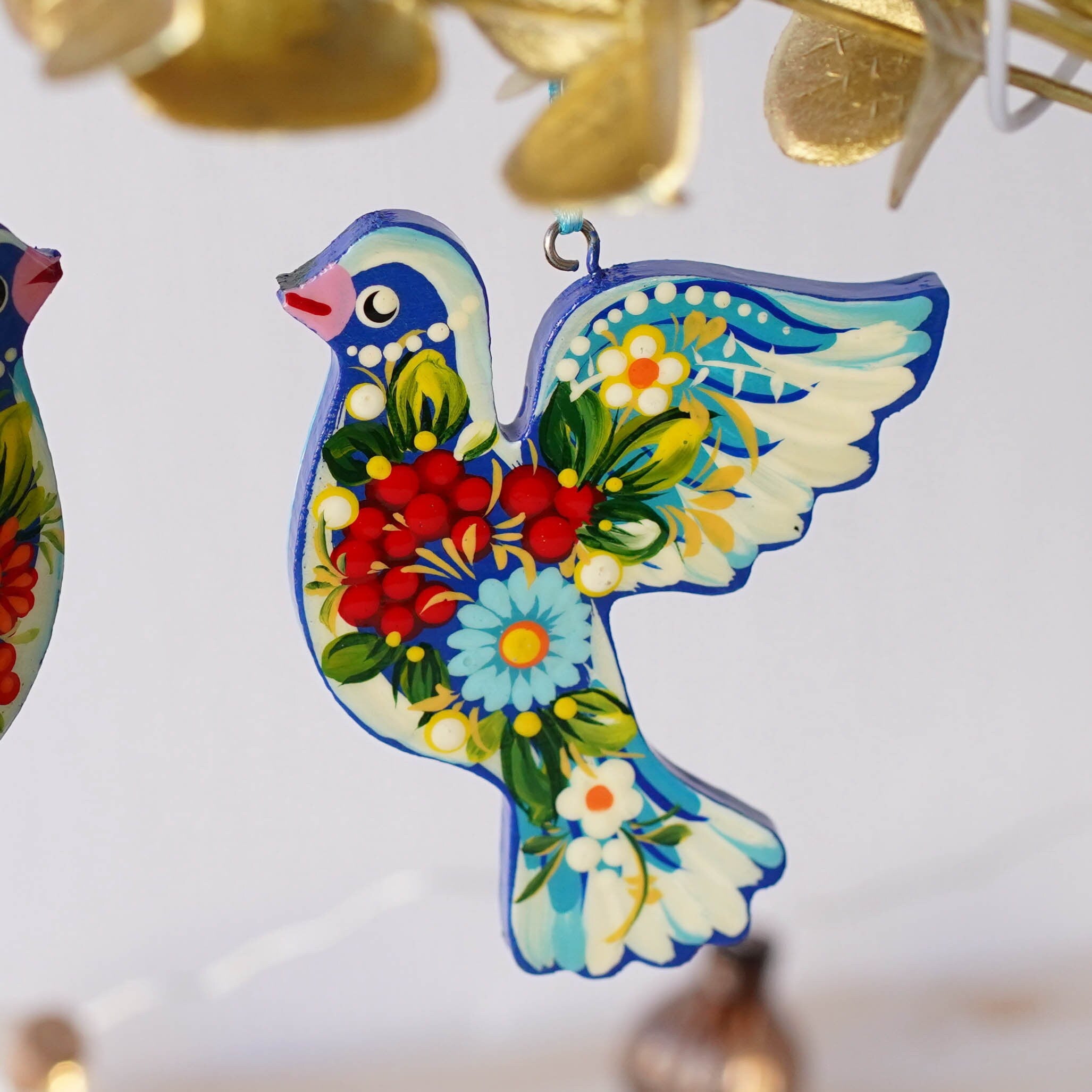 Set of 2 Painted Wooden Dove Christmas Ornaments - Handmade Ukrainian Petrykivka Ornaments, Unique Flower Peace Dove Ornament Set