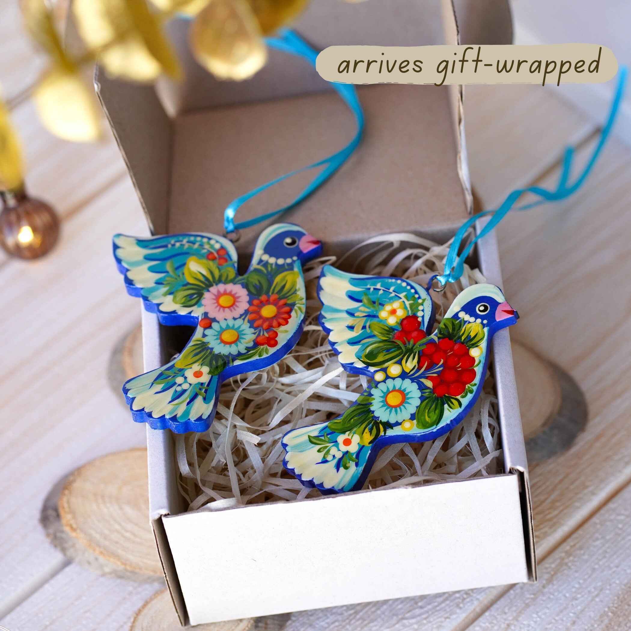 Set of 2 Painted Wooden Dove Christmas Ornaments - Handmade Ukrainian Petrykivka Ornaments, Unique Flower Peace Dove Ornament Set