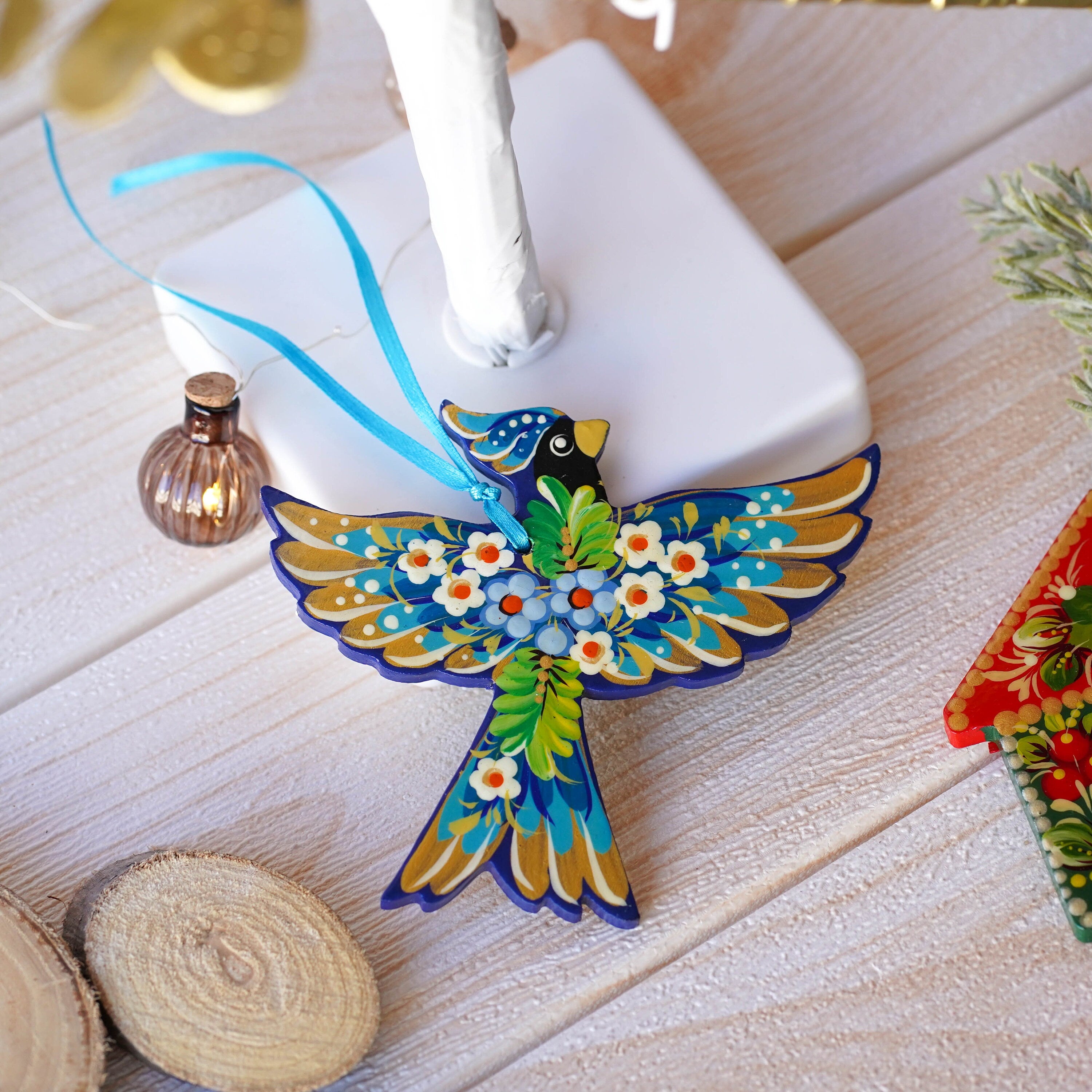 Cardinal Christmas Ornament - Hand-painted Wooden Blue Cardinal Christmas Tree Decoration, Handmade Ukrainian Petrykivka Blue Bird Ornament