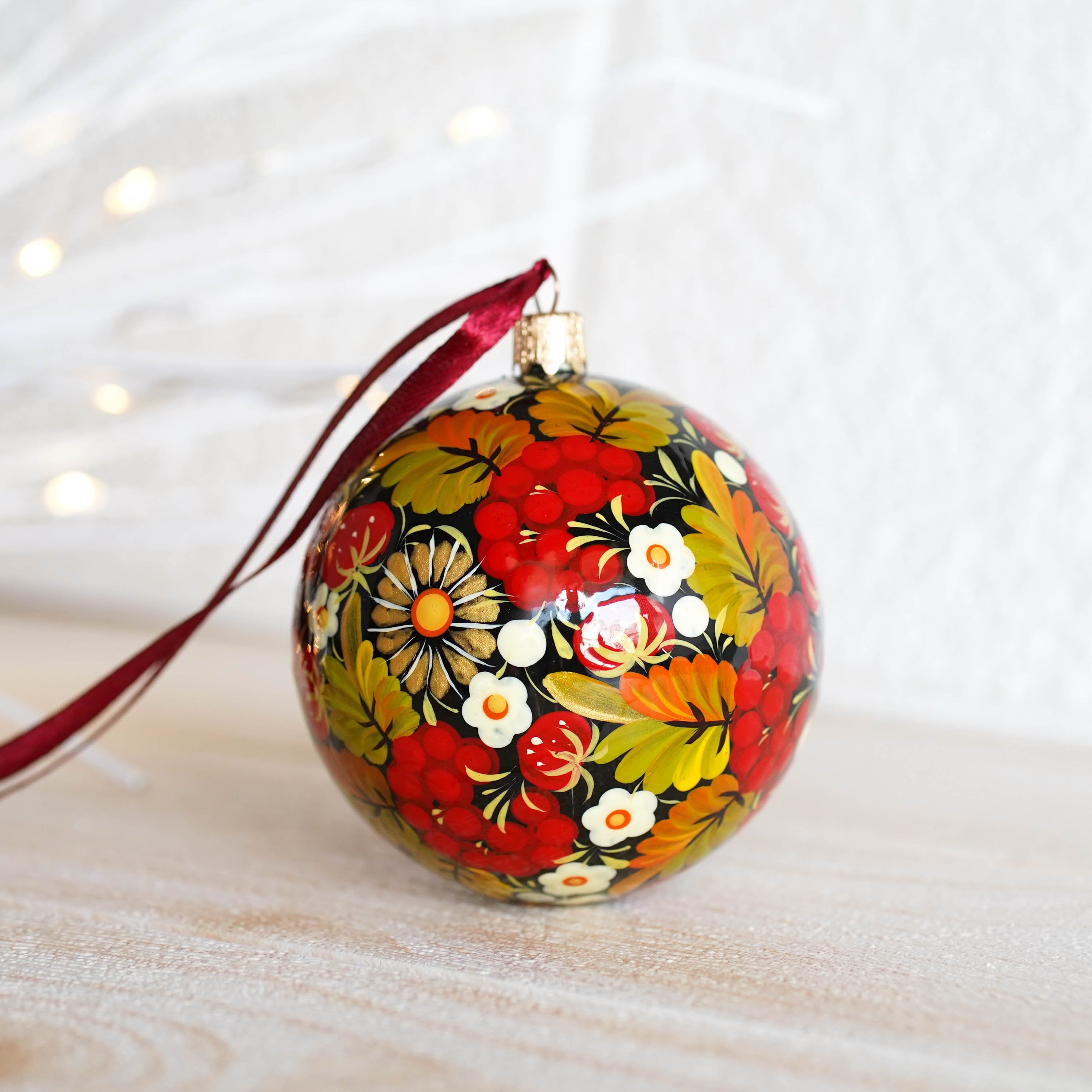 Hand-painted Ukrainian Christmas Ball Ornament 3.14 in - Handmade Petrykivka Art Red Flower Hanging Ornament, Folk Christmas Tree Decoration