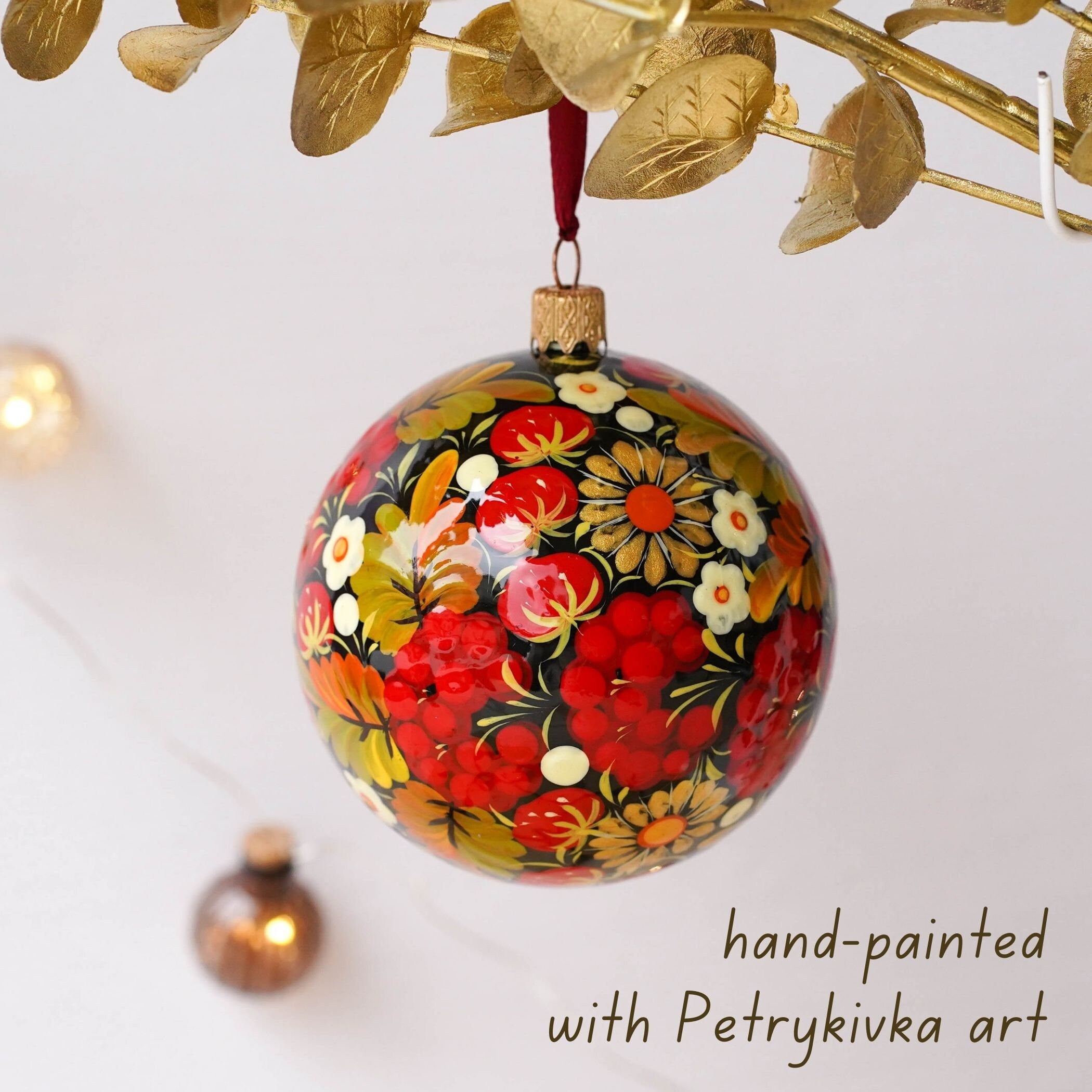 Hand-painted Ukrainian Christmas Ball Ornament 3.14 in - Handmade Petrykivka Art Red Flower Hanging Ornament, Folk Christmas Tree Decoration