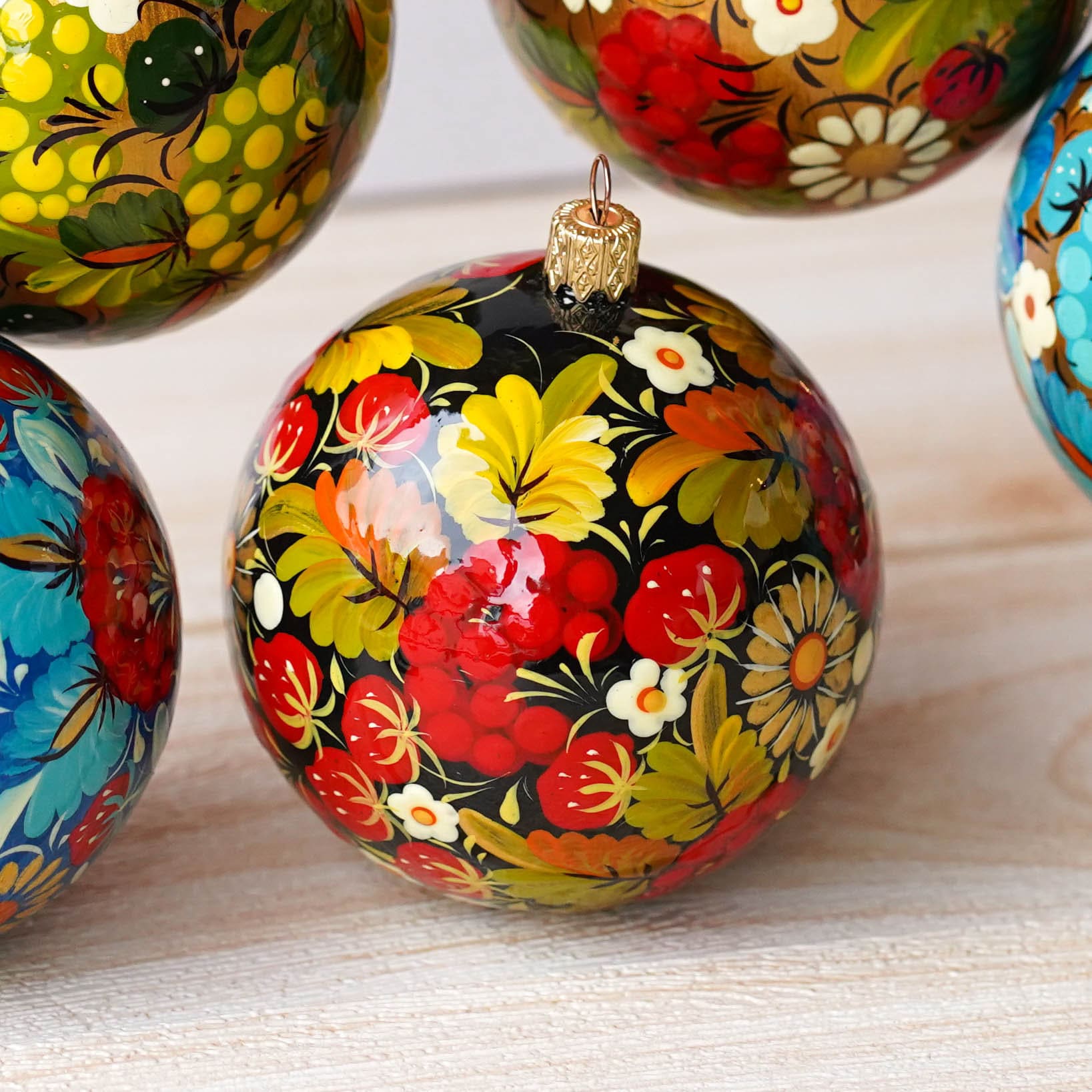 Hand-painted Ukrainian Christmas Ball Ornament 3.14 in - Handmade Petrykivka Art Red Flower Hanging Ornament, Folk Christmas Tree Decoration