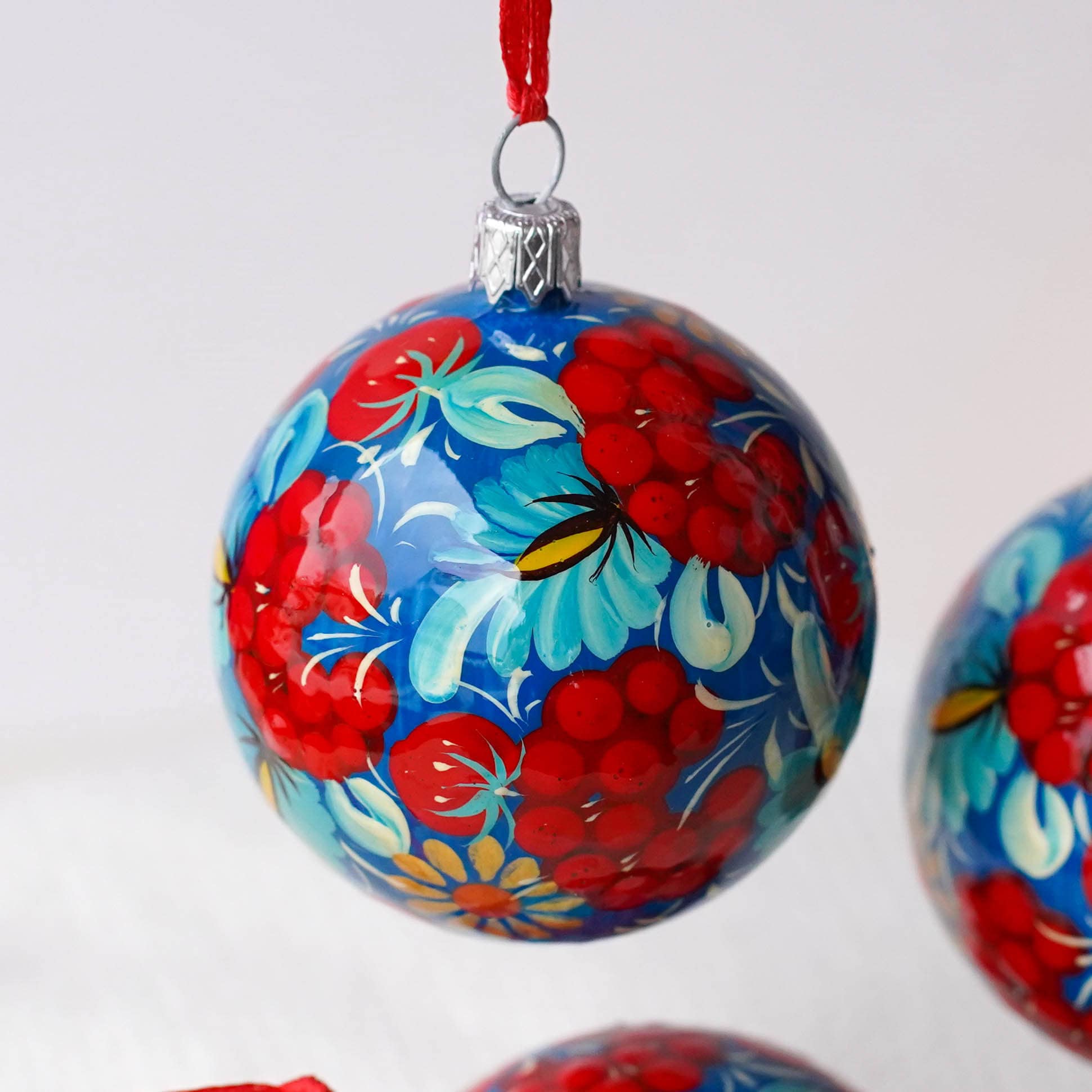 Set of 4/6/9 Hand-painted Christmas Ornaments 2.4 in, Handmade Ukrainian Christmas Tree Balls, Blue & Red Flower Christmas Baubles