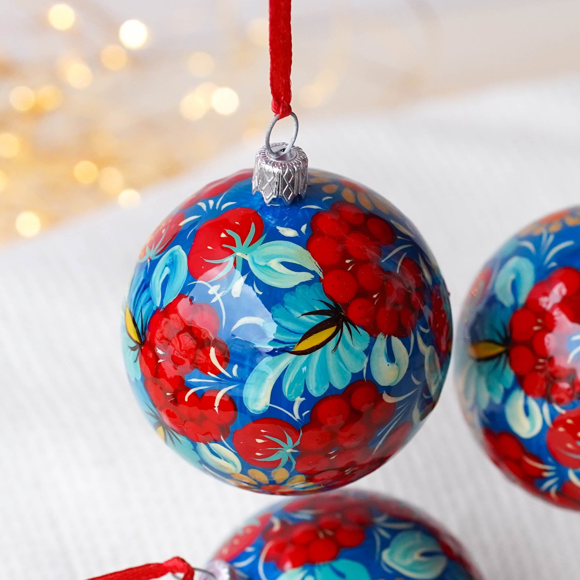 Set of 4/6/9 Hand-painted Christmas Ornaments 2.4 in, Handmade Ukrainian Christmas Tree Balls, Blue & Red Flower Christmas Baubles