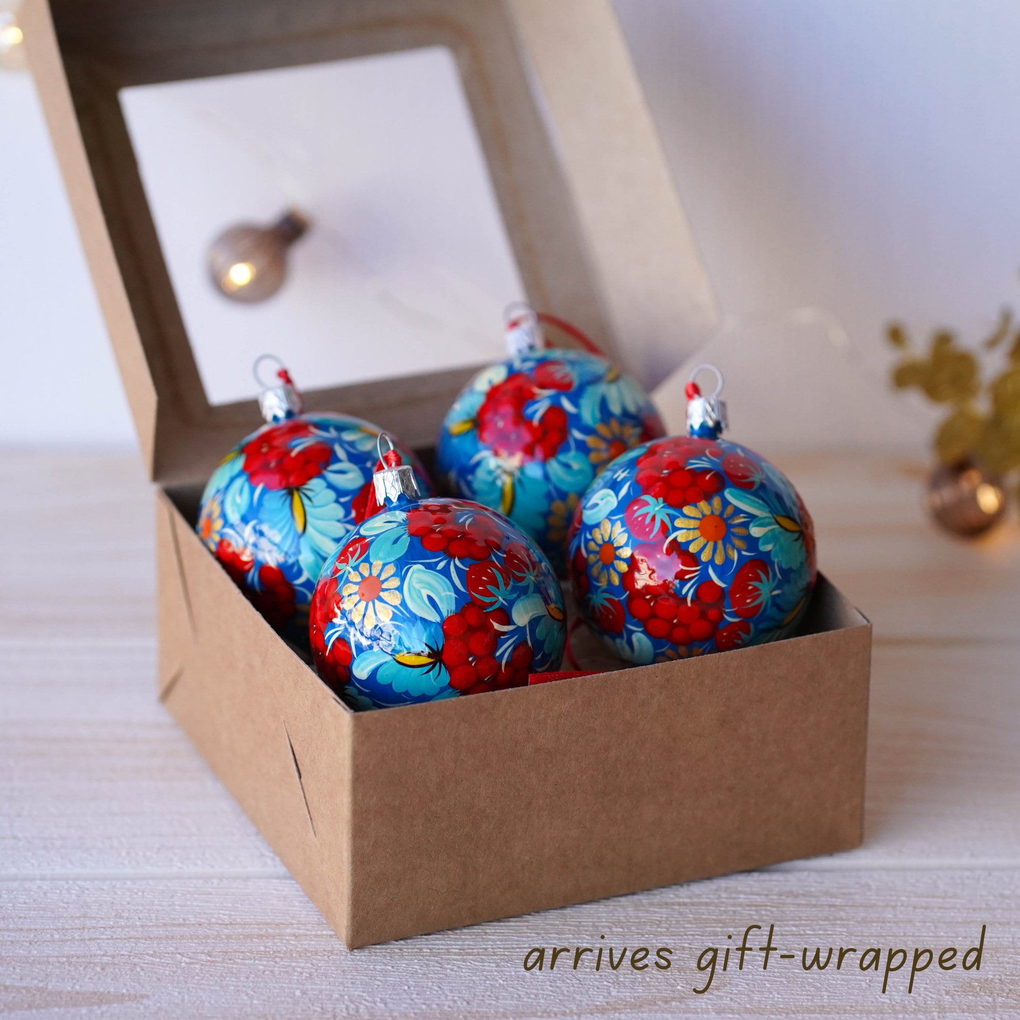 Set of 4/6/9 Hand-painted Christmas Ornaments 2.4 in, Handmade Ukrainian Christmas Tree Balls, Blue & Red Flower Christmas Baubles