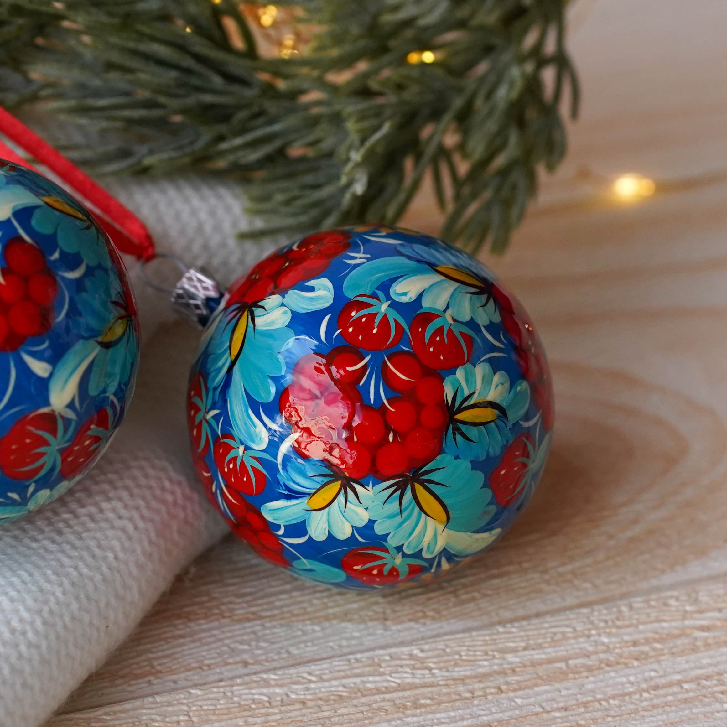 Set of 4/6/9 Hand-painted Christmas Ornaments 2.4 in, Handmade Ukrainian Christmas Tree Balls, Blue & Red Flower Christmas Baubles