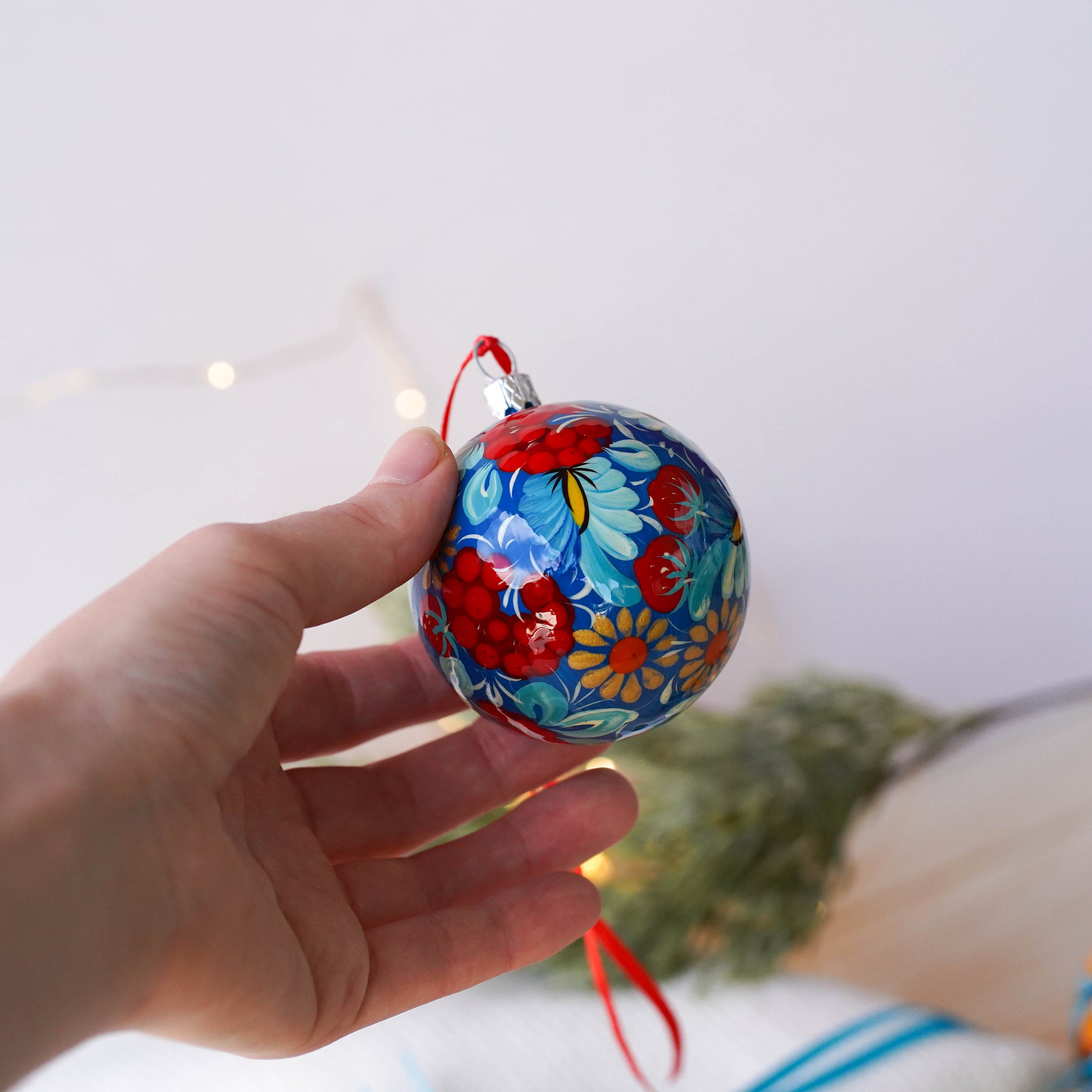 Set of 4/6/9 Hand-painted Christmas Ornaments 2.4 in, Handmade Ukrainian Christmas Tree Balls, Blue & Red Flower Christmas Baubles