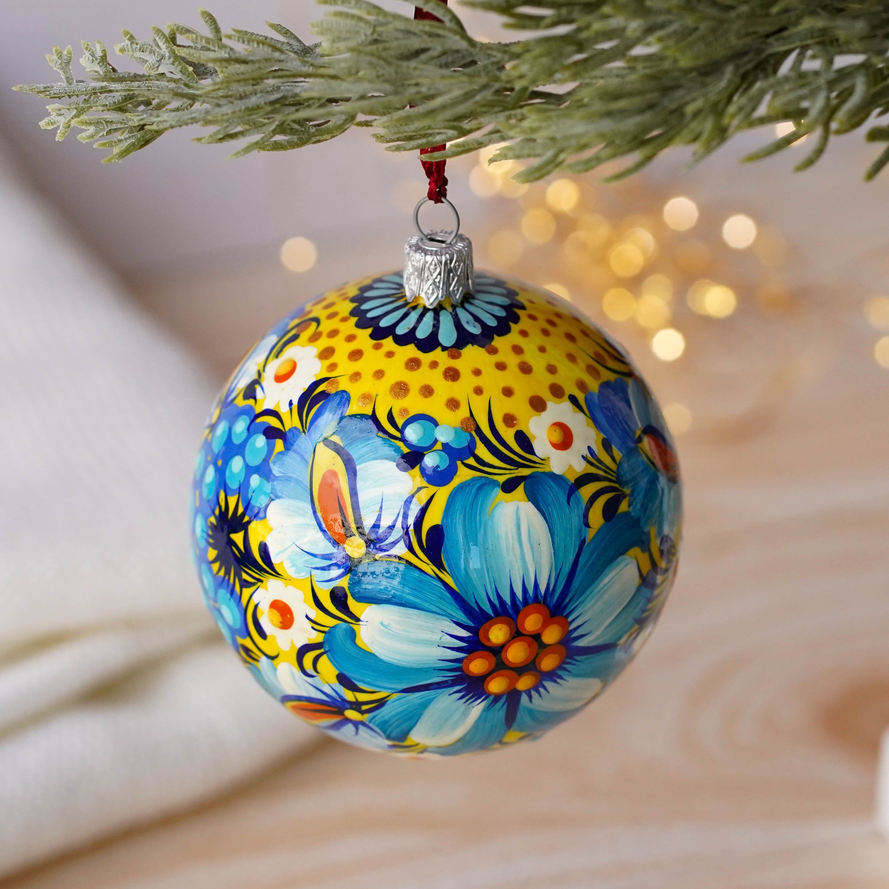 Hand-painted Ukrainian Blue Flower Christmas Ball Ornament 3.14 in - Handmade Petrykivka Art Ukrainian Christmas Tree Decoration