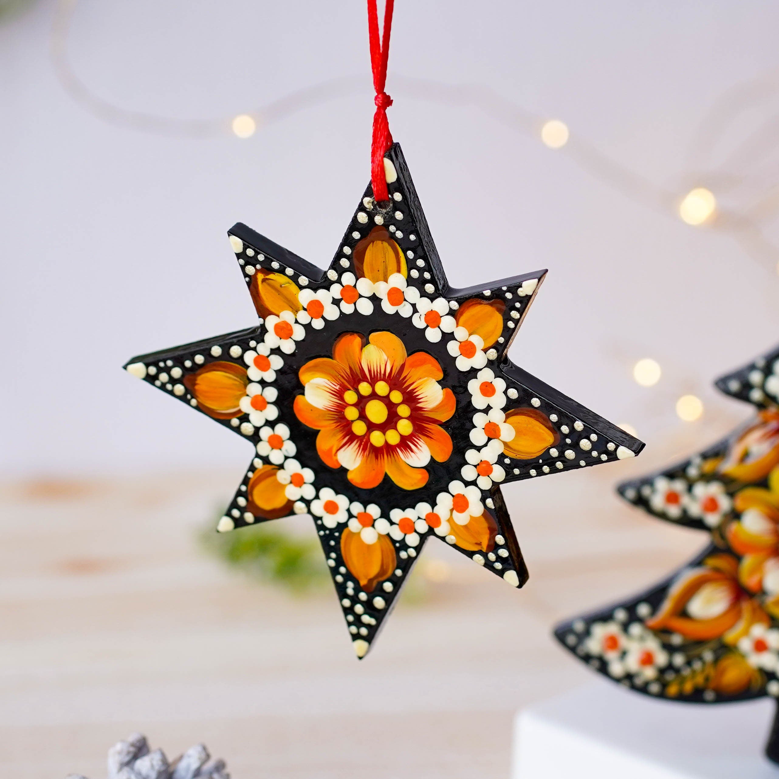 Set of Painted Wooden Christmas Ornaments - Handmade Tree and Star Decorations, Petrykivka Art Orange & Yellow Flower Ukrainian Ornaments