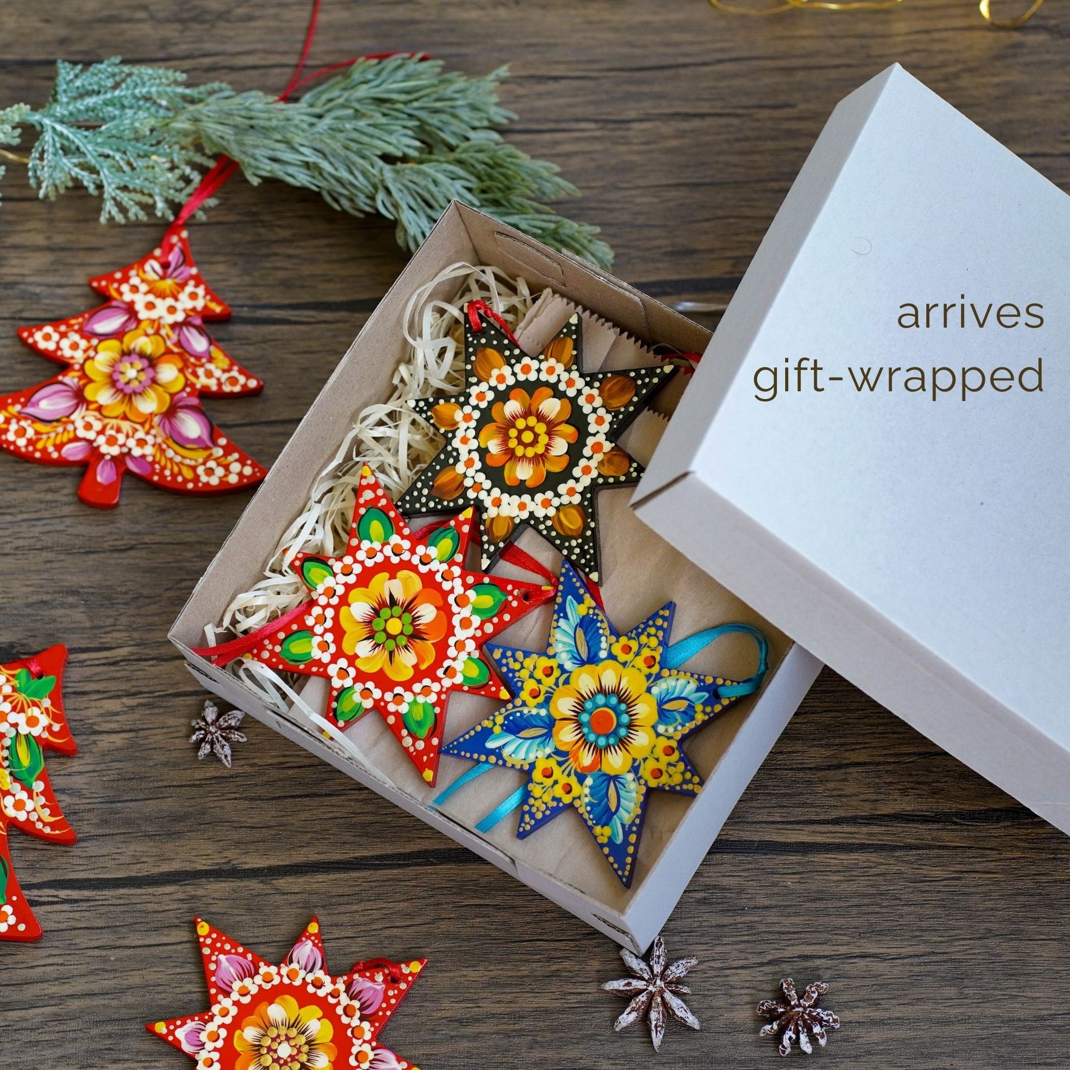 Set of Painted Wooden Christmas Ornaments - Handmade Tree and Star Decorations, Petrykivka Art Orange & Yellow Flower Ukrainian Ornaments