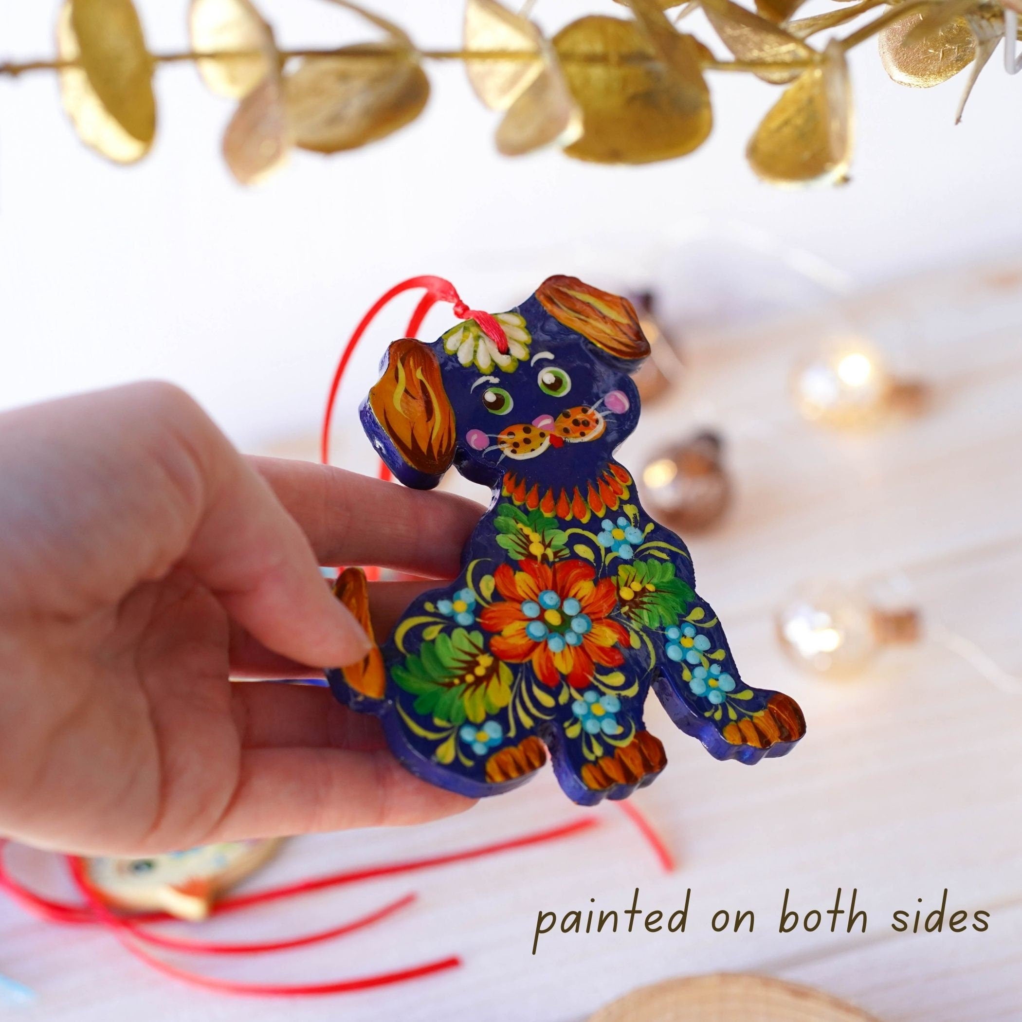 Hand-painted Wooden Dog Ornament - Handmade Ukrainian Petrykivka Art Christmas Tree Decoration, Unique Orange & Blue Flower Ornament