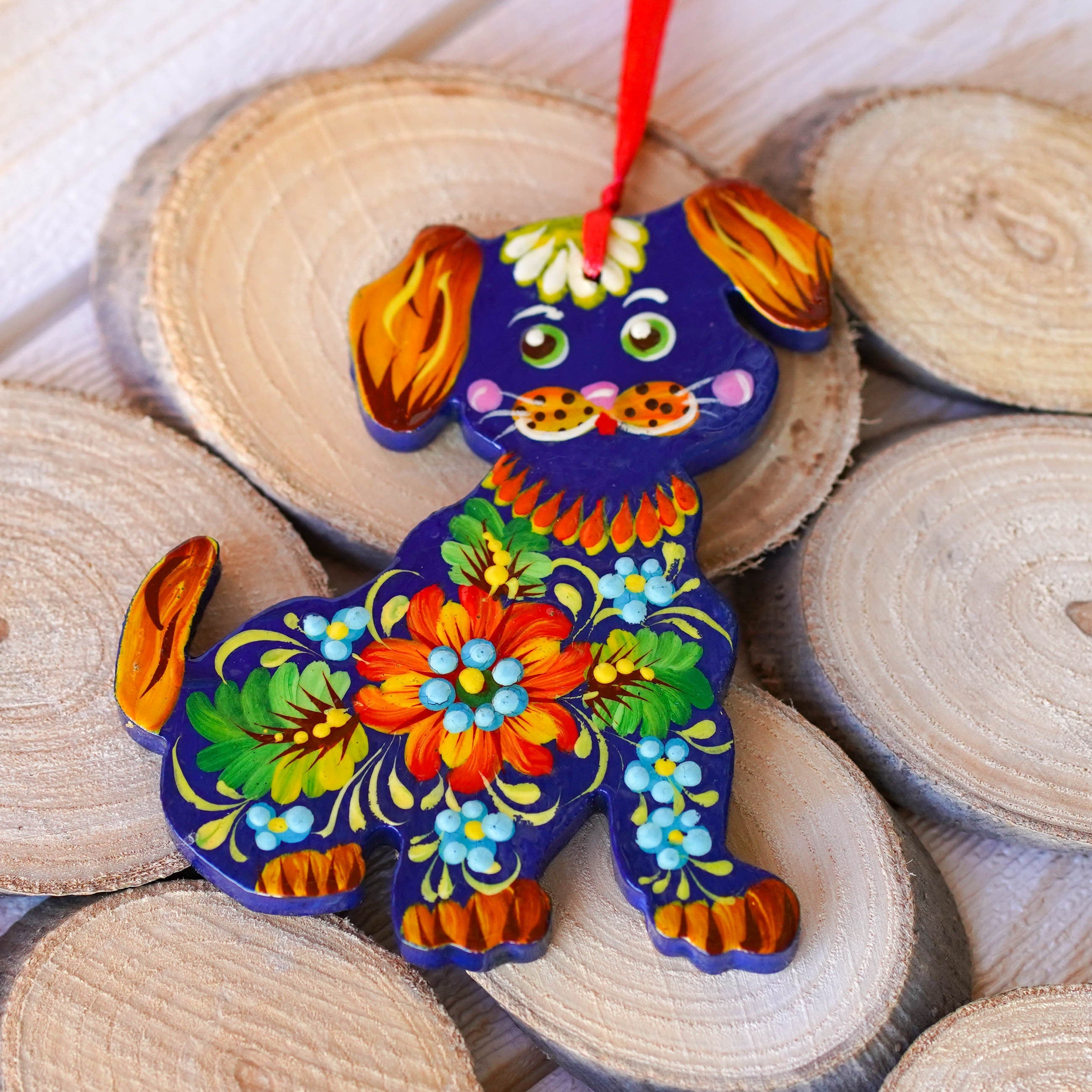 Hand-painted Wooden Dog Ornament - Handmade Ukrainian Petrykivka Art Christmas Tree Decoration, Unique Orange & Blue Flower Ornament