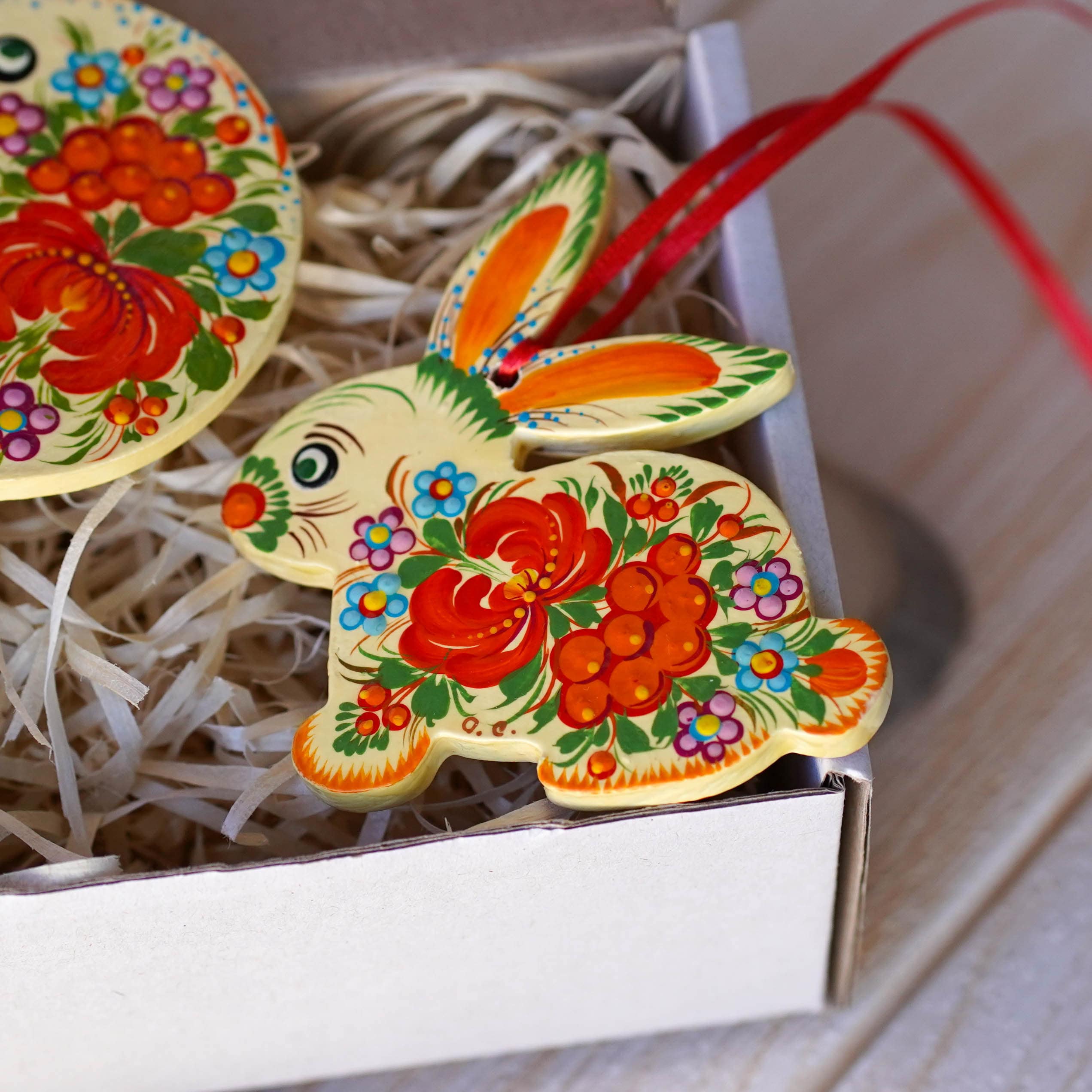 Set of Hand-painted Wooden Bunny & Bird Ornaments - Handmade Red Flower Ukrainian Petrykivka Art Christmas Tree Decorations, Unique