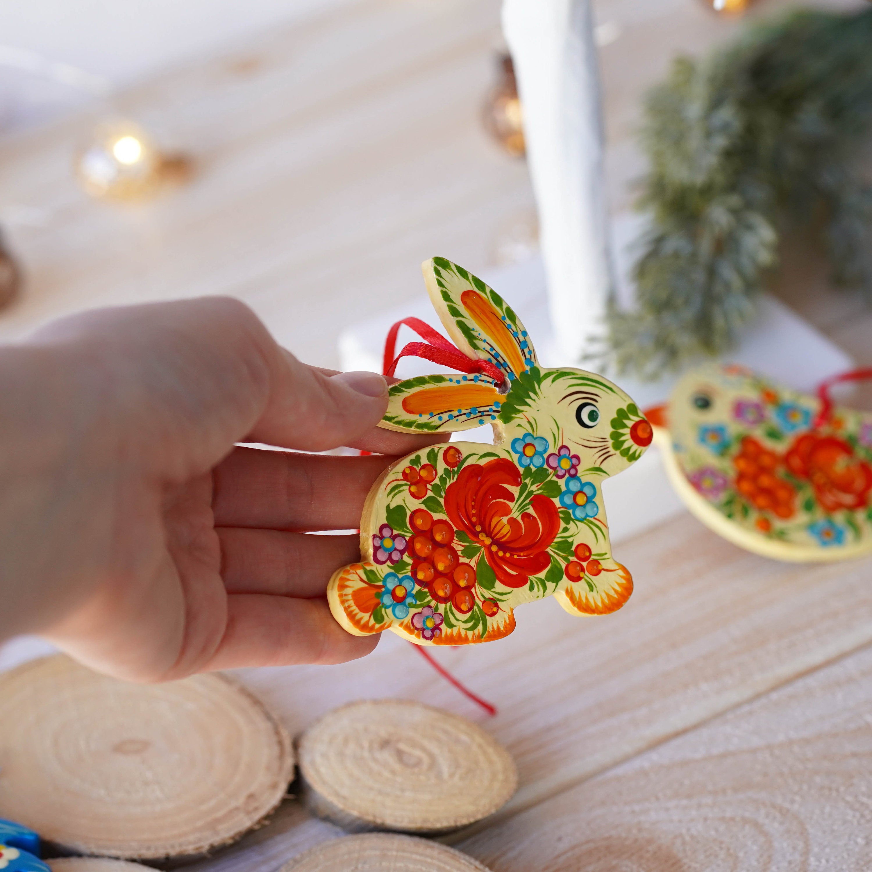 Set of Hand-painted Wooden Bunny & Bird Ornaments - Handmade Red Flower Ukrainian Petrykivka Art Christmas Tree Decorations, Unique