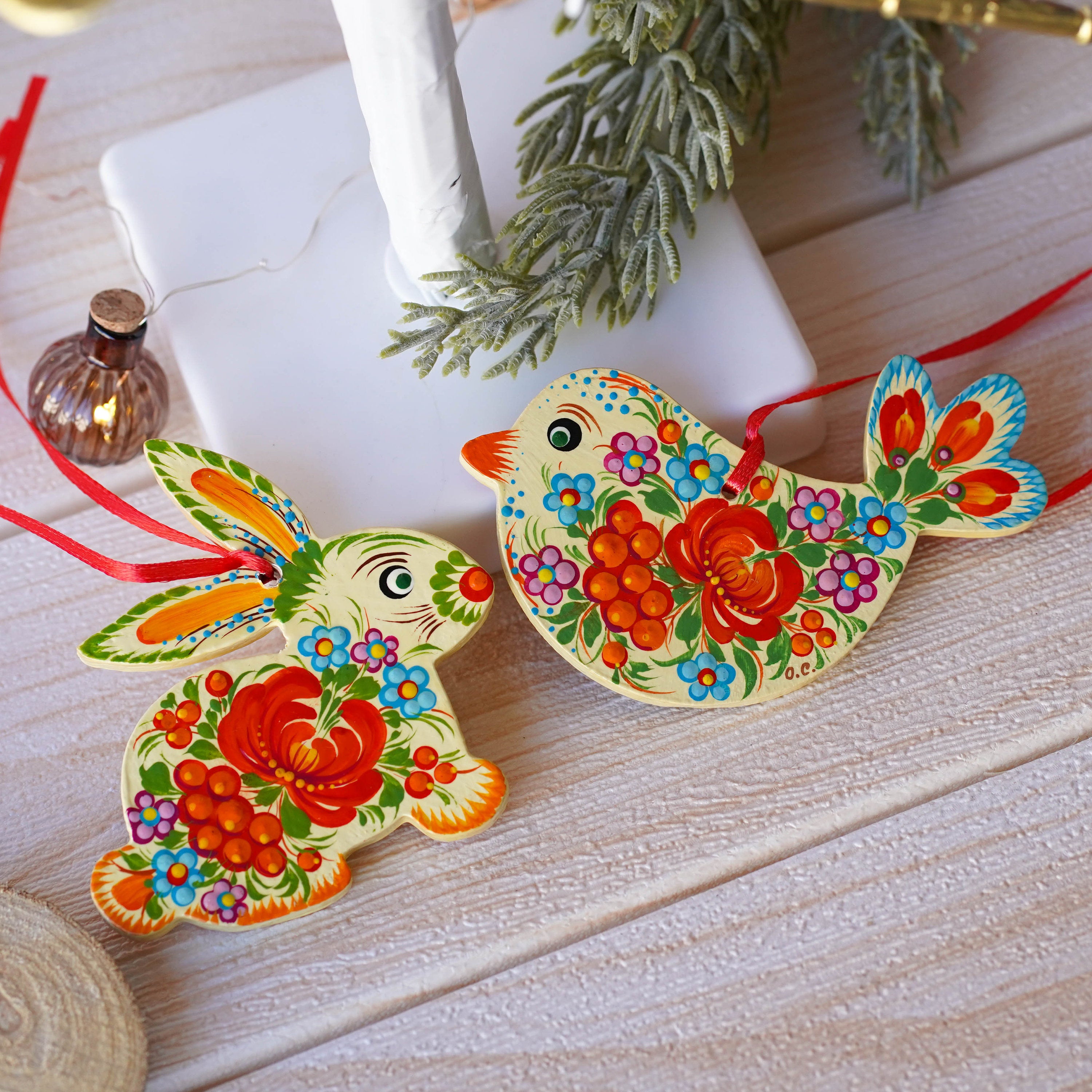 Set of Hand-painted Wooden Bunny & Bird Ornaments - Handmade Red Flower Ukrainian Petrykivka Art Christmas Tree Decorations, Unique