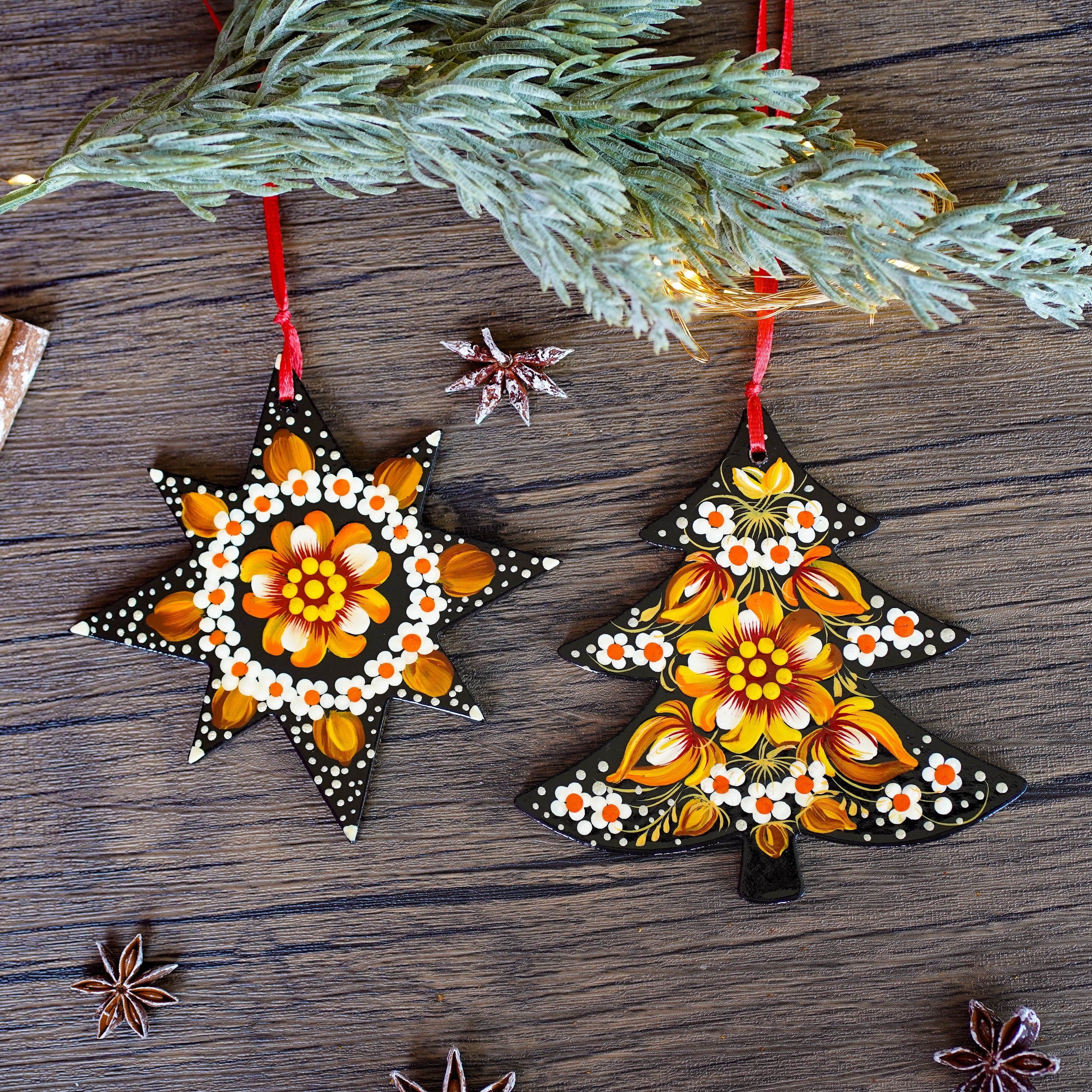 Set of Painted Wooden Christmas Ornaments - Handmade Tree and Star Decorations, Petrykivka Art Orange & Yellow Flower Ukrainian Ornaments