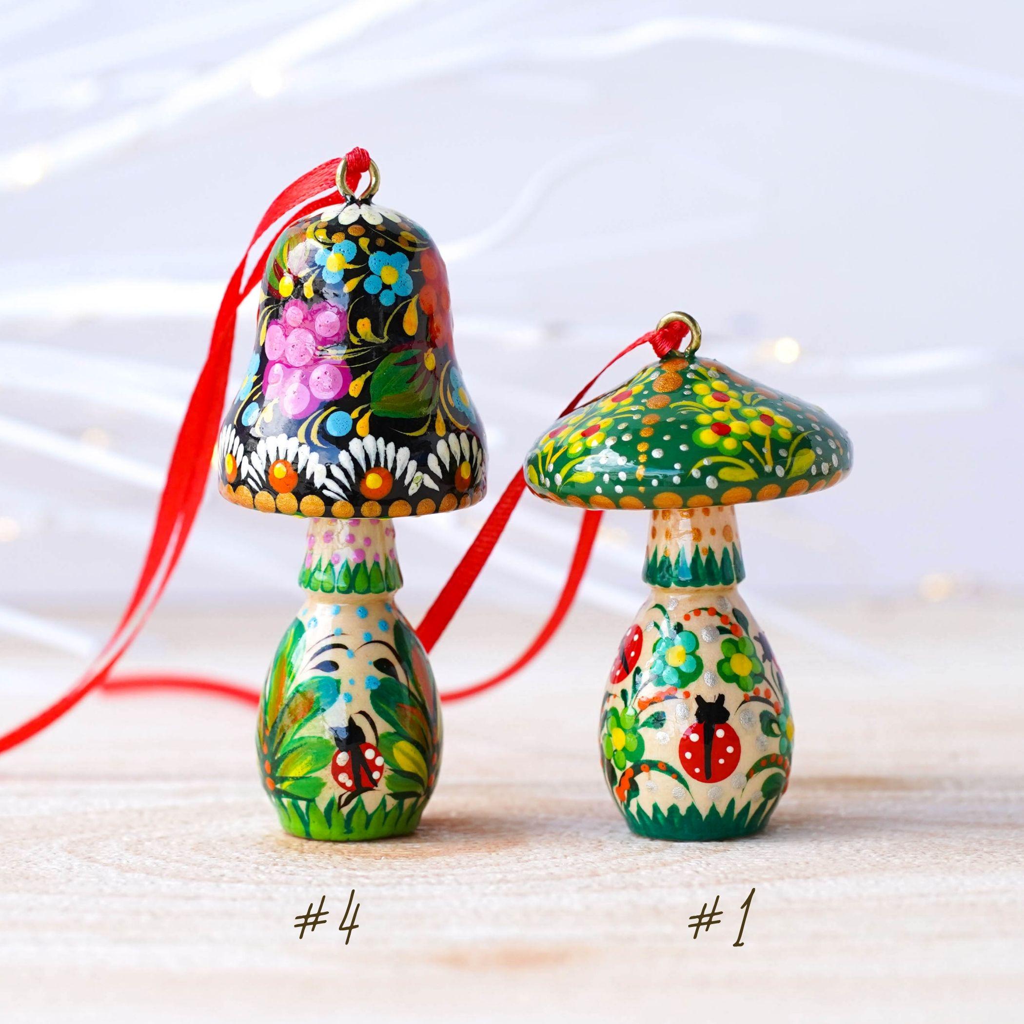 Handpainted Wooden Green Mushroom Ornament - Handmade Ukrainian Petrykivka Christmas Tree Hanging Ornament, Green Flower Mushroom Decoration