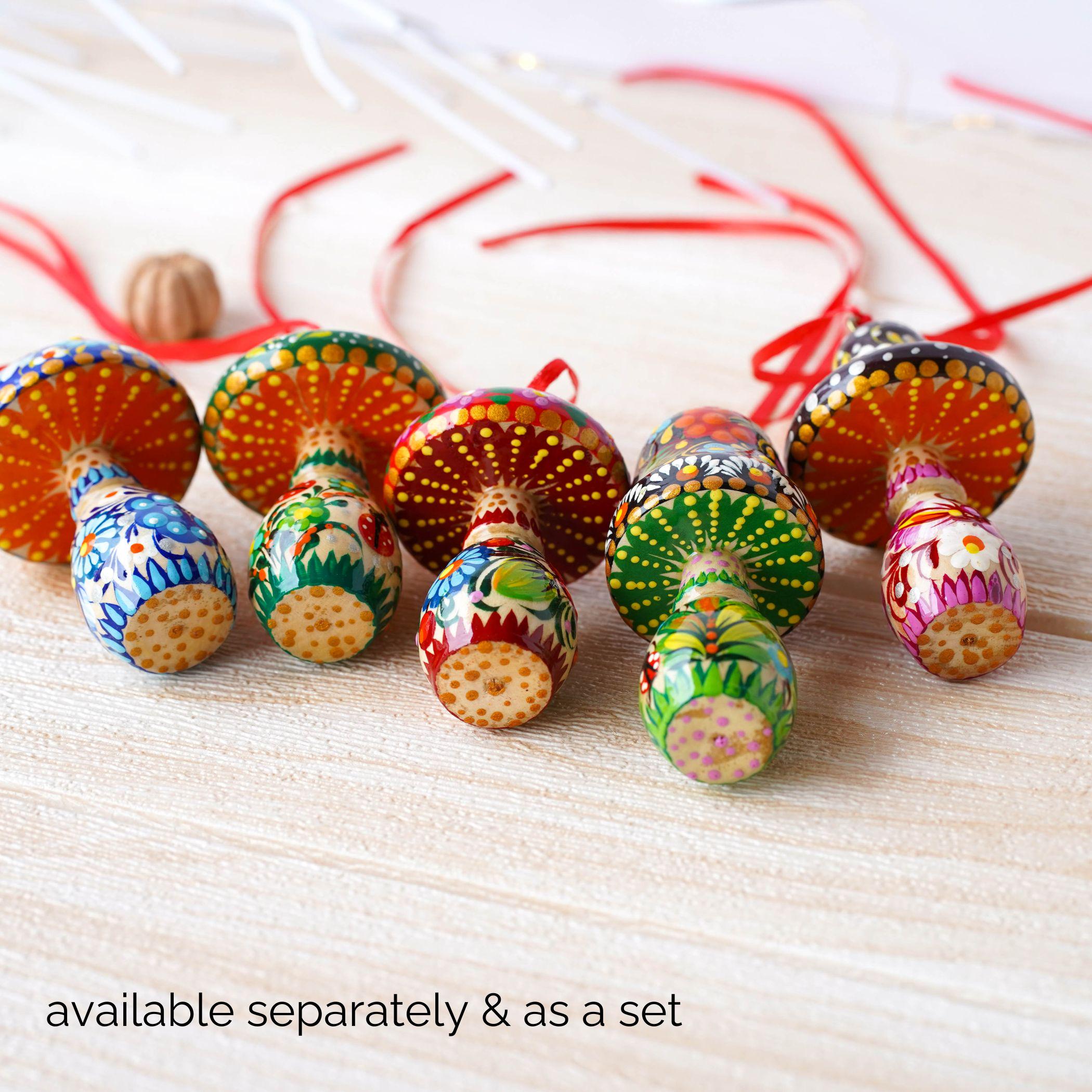 Hand-painted Wooden Mushroom Ornament - Handmade Ukrainian Petrykivka Christmas Tree Hanging Ornament, Fairy Flower Mushroom Ornament