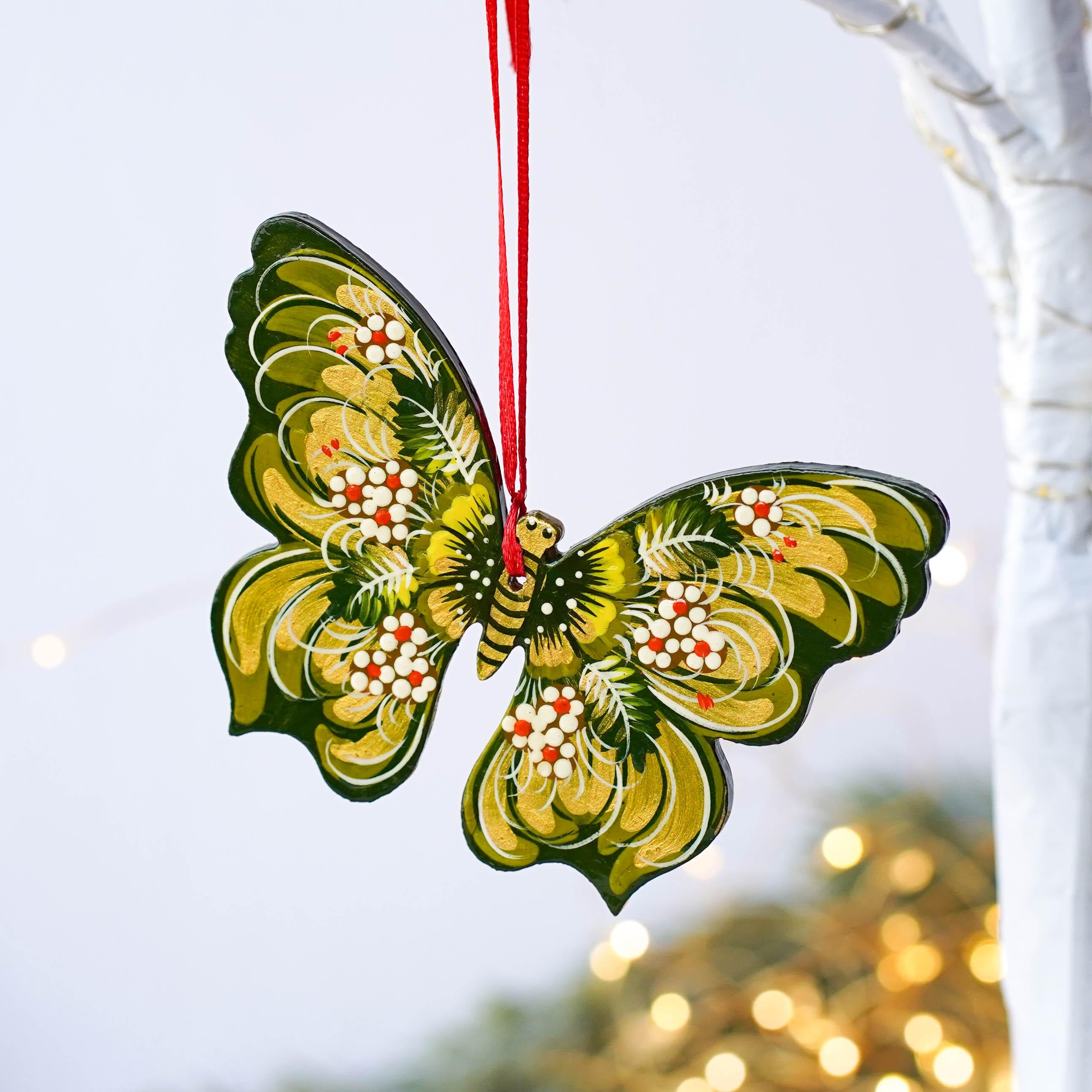 Hand-Painted Wooden Butterfly Ornament - Red Flower Butterfly Christmas Tree Decoration with Ukrainian Petrykivka Art