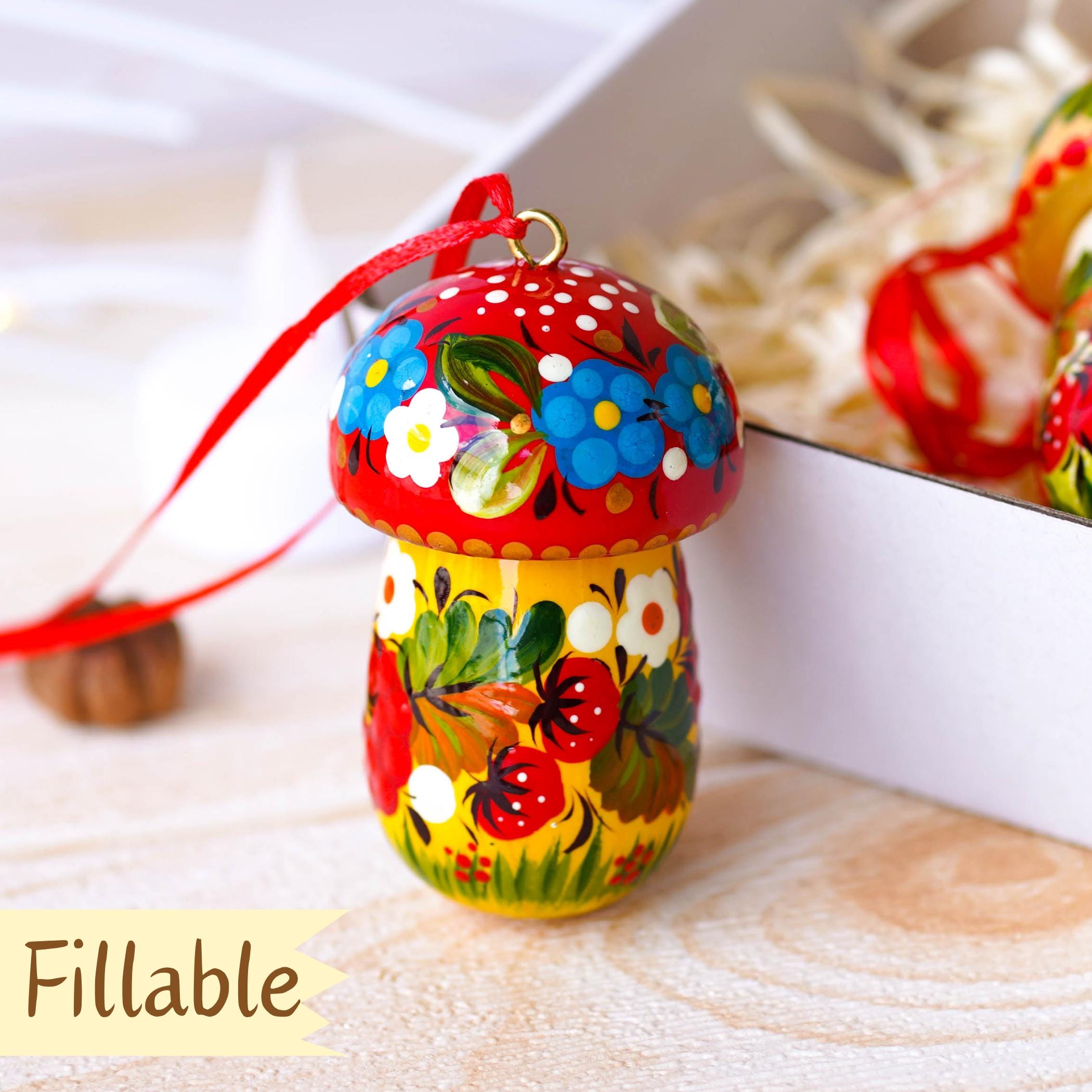 Fillable Painted Mushroom Ornament - Handmade Ukrainian Keepsake Ornament with Openable Lid & Space for Gift, Red Flower Petrykivka Ornament