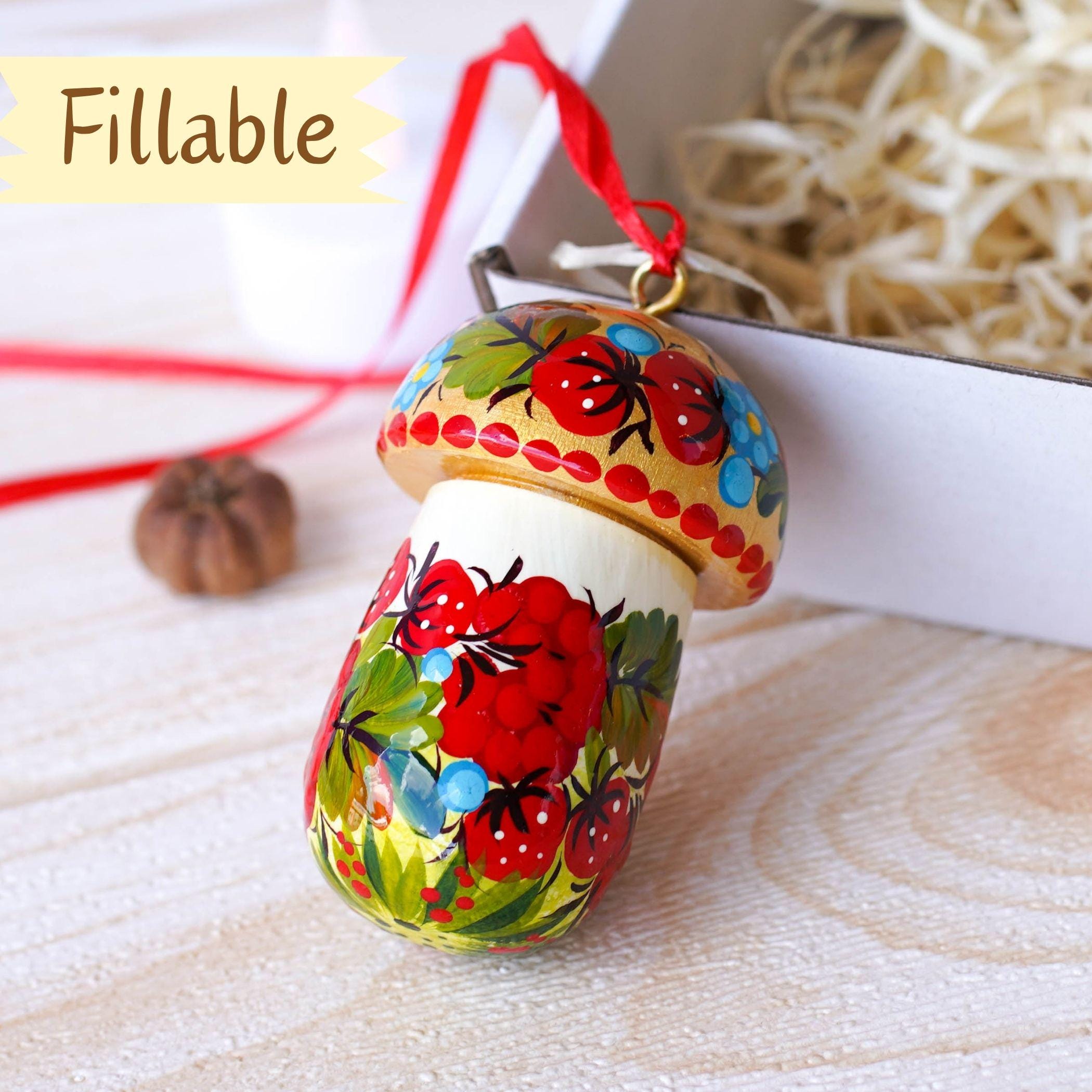 Fillable Painted Mushroom Ornament - Handmade Ukrainian Strawberry Ornament with Openable Lid & Space for Gift, Flower Petrykivka Ornament