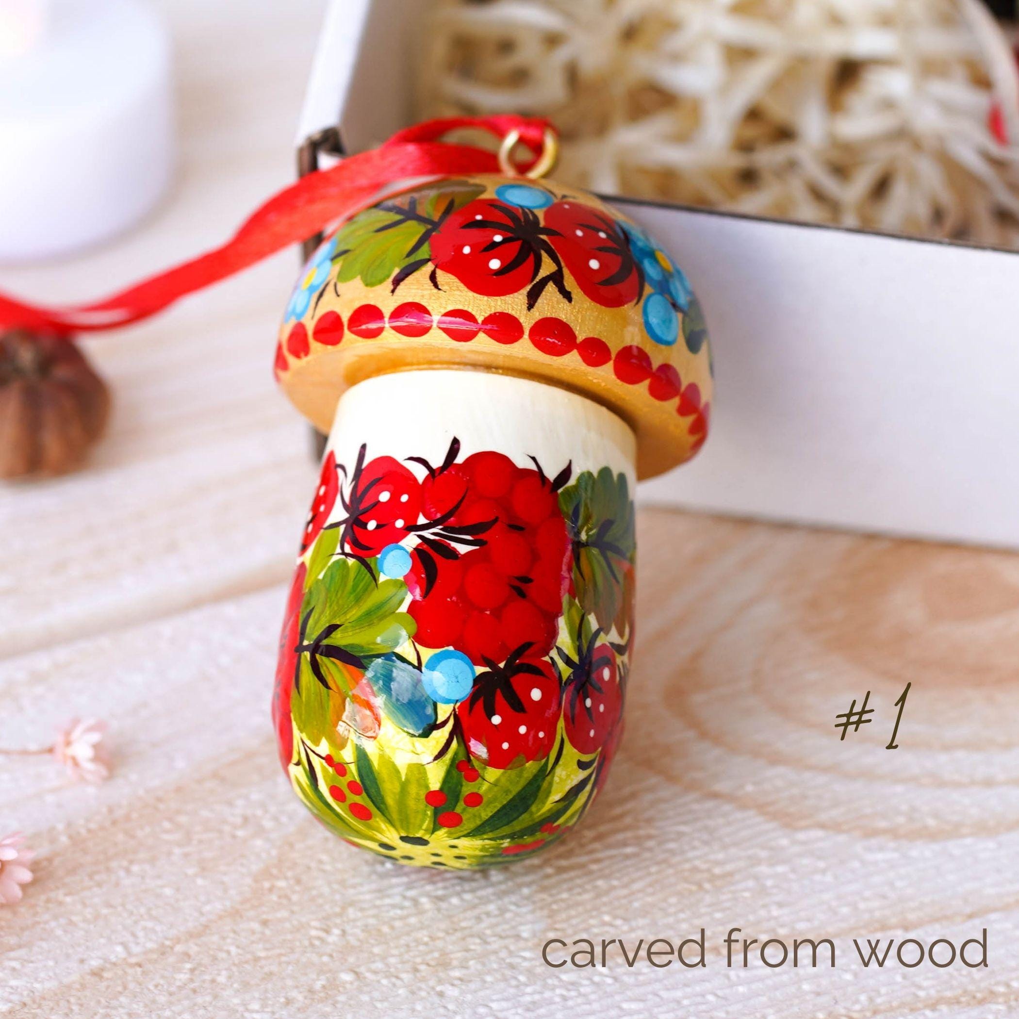 Fillable Painted Mushroom Ornament - Handmade Ukrainian Strawberry Ornament with Openable Lid & Space for Gift, Flower Petrykivka Ornament