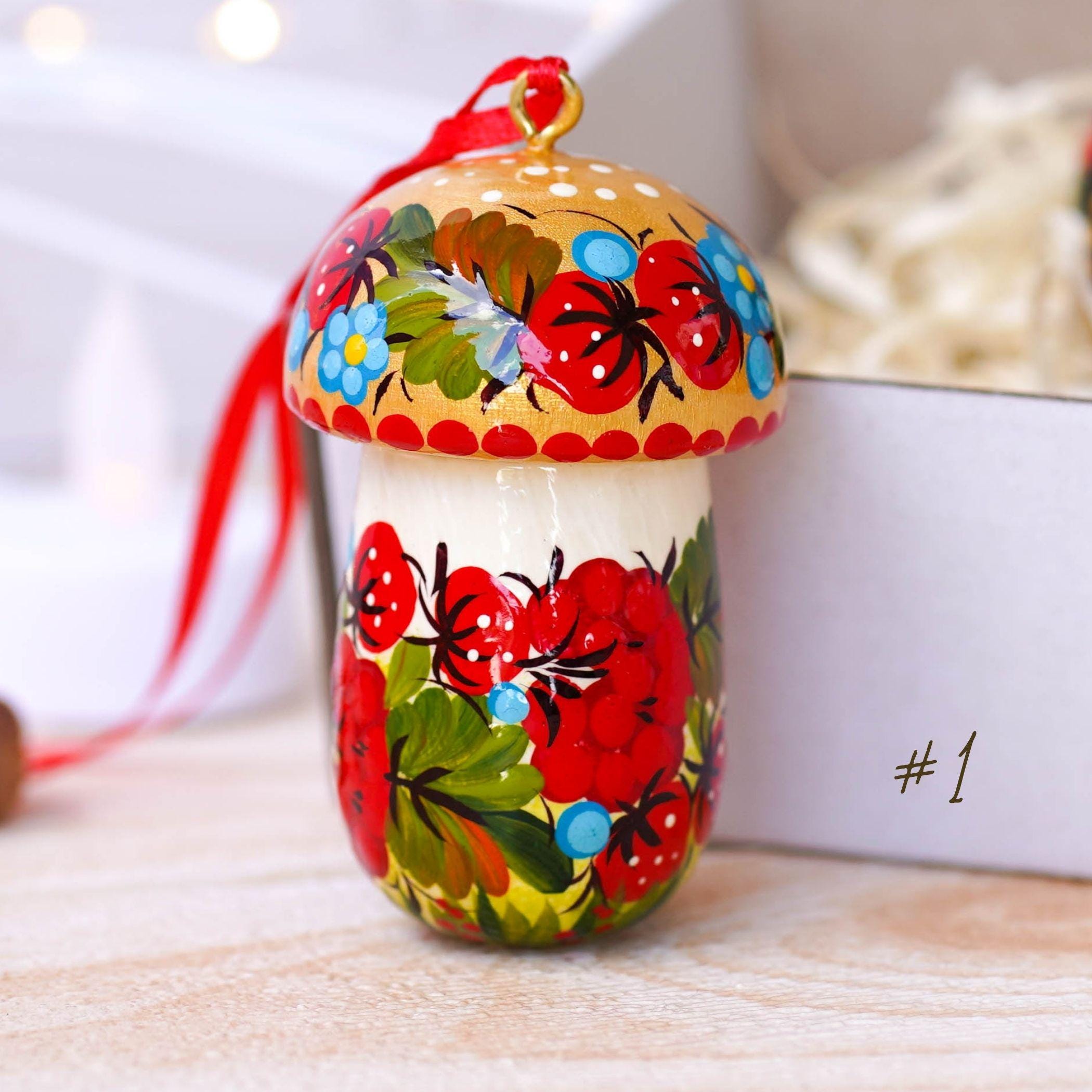 Fillable Painted Mushroom Ornament - Handmade Ukrainian Strawberry Ornament with Openable Lid & Space for Gift, Flower Petrykivka Ornament